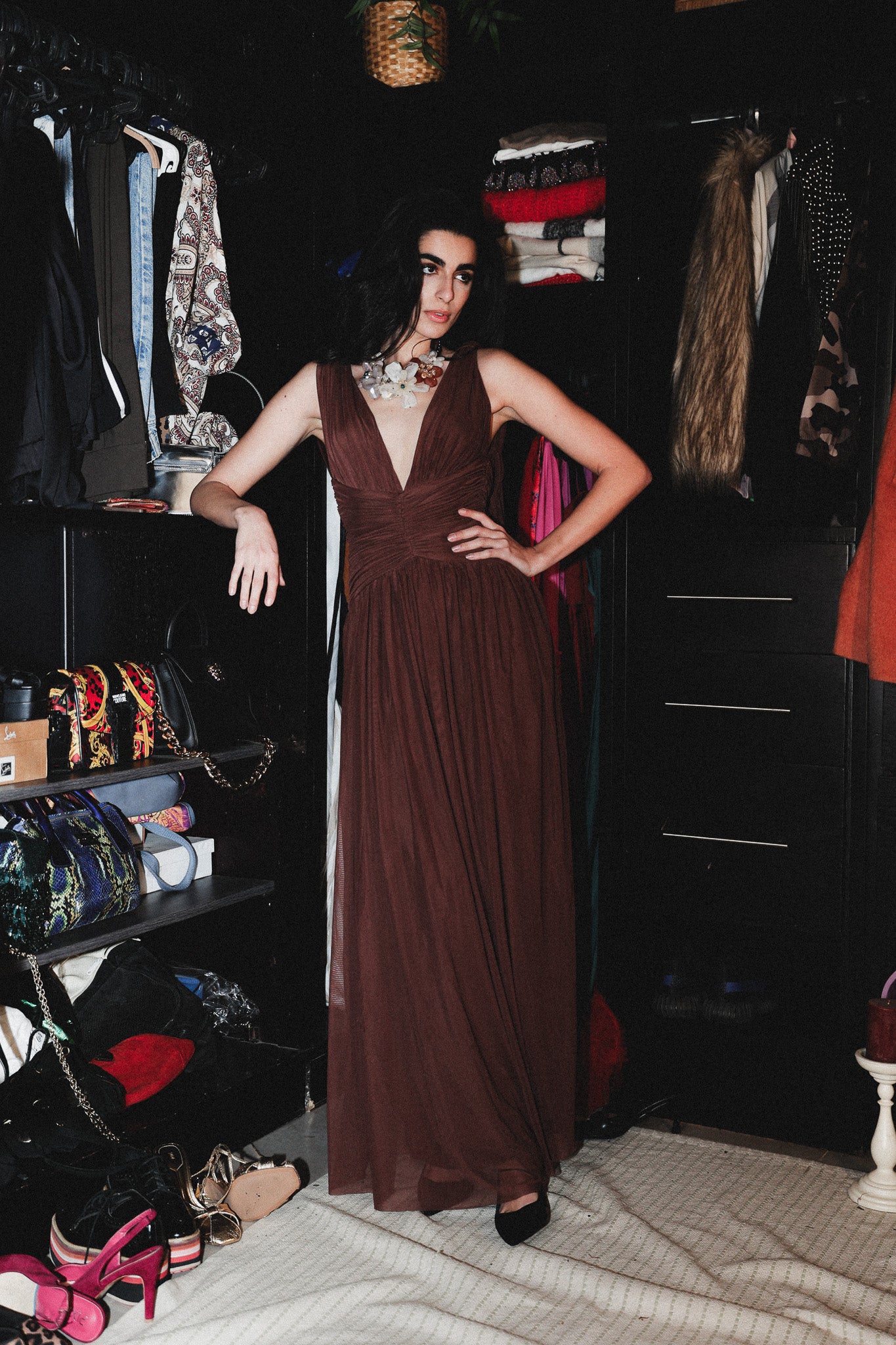 Backless tulle long dress in brown