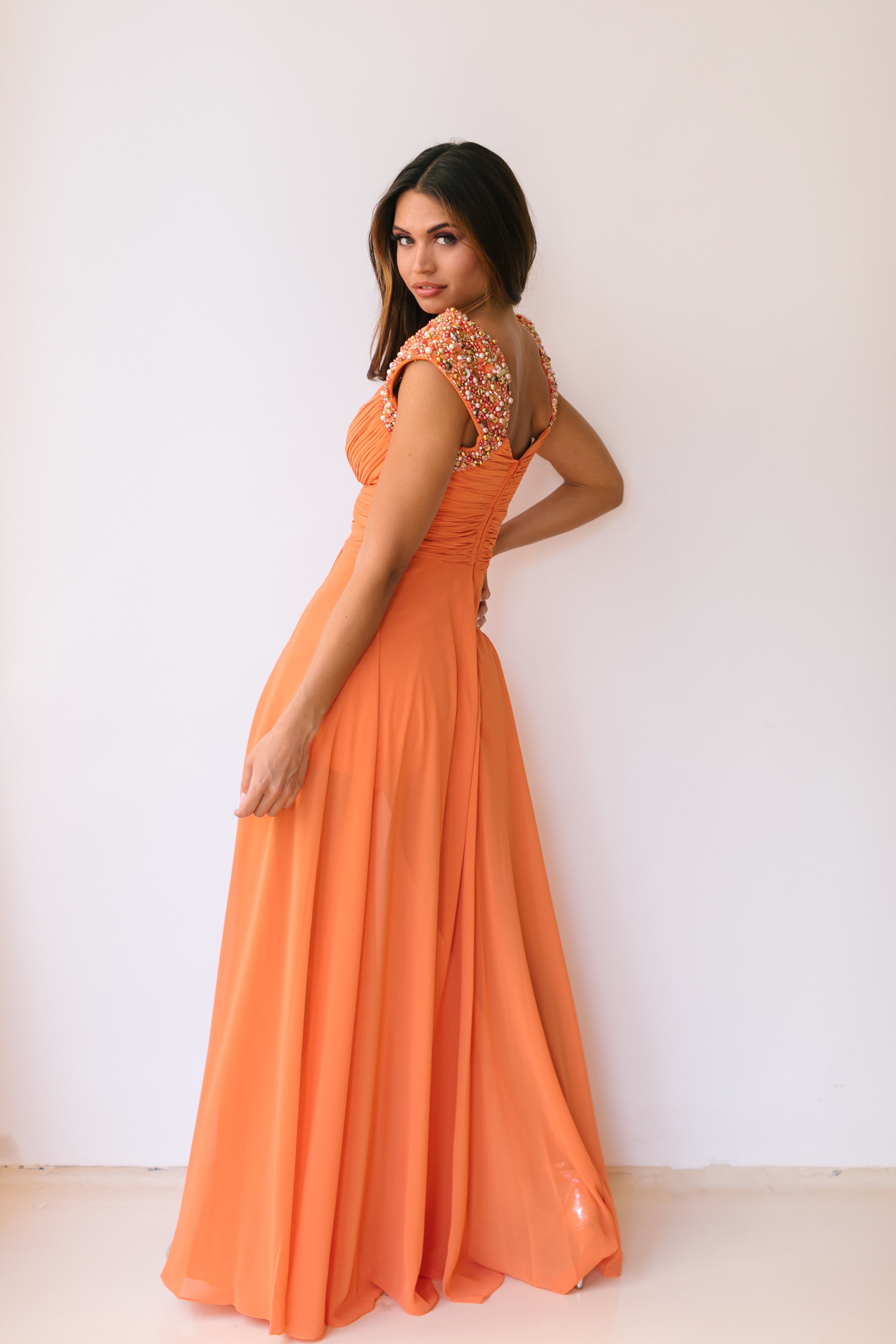 embellished shoulder dress in Orange
