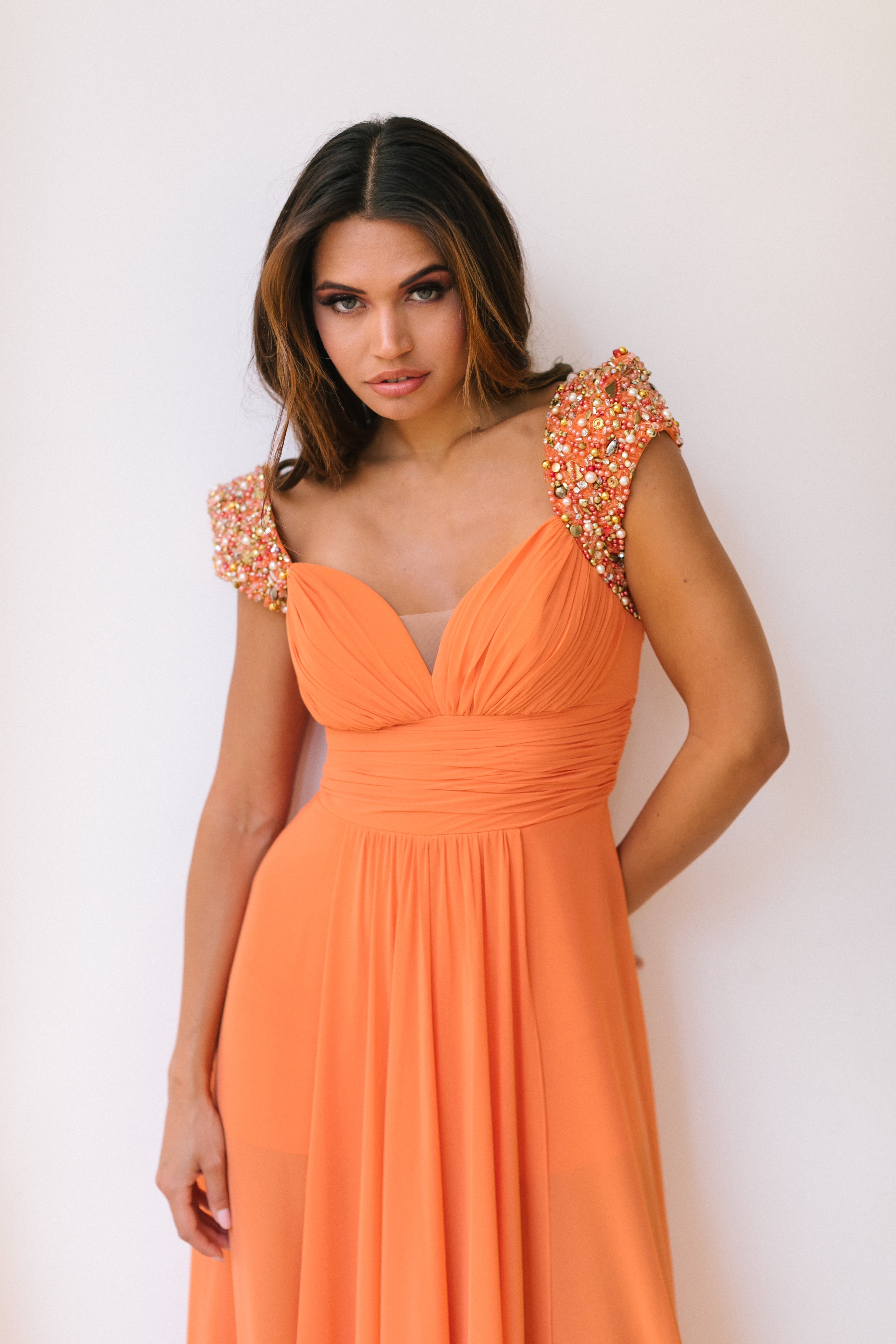 embellished shoulder dress in Orange
