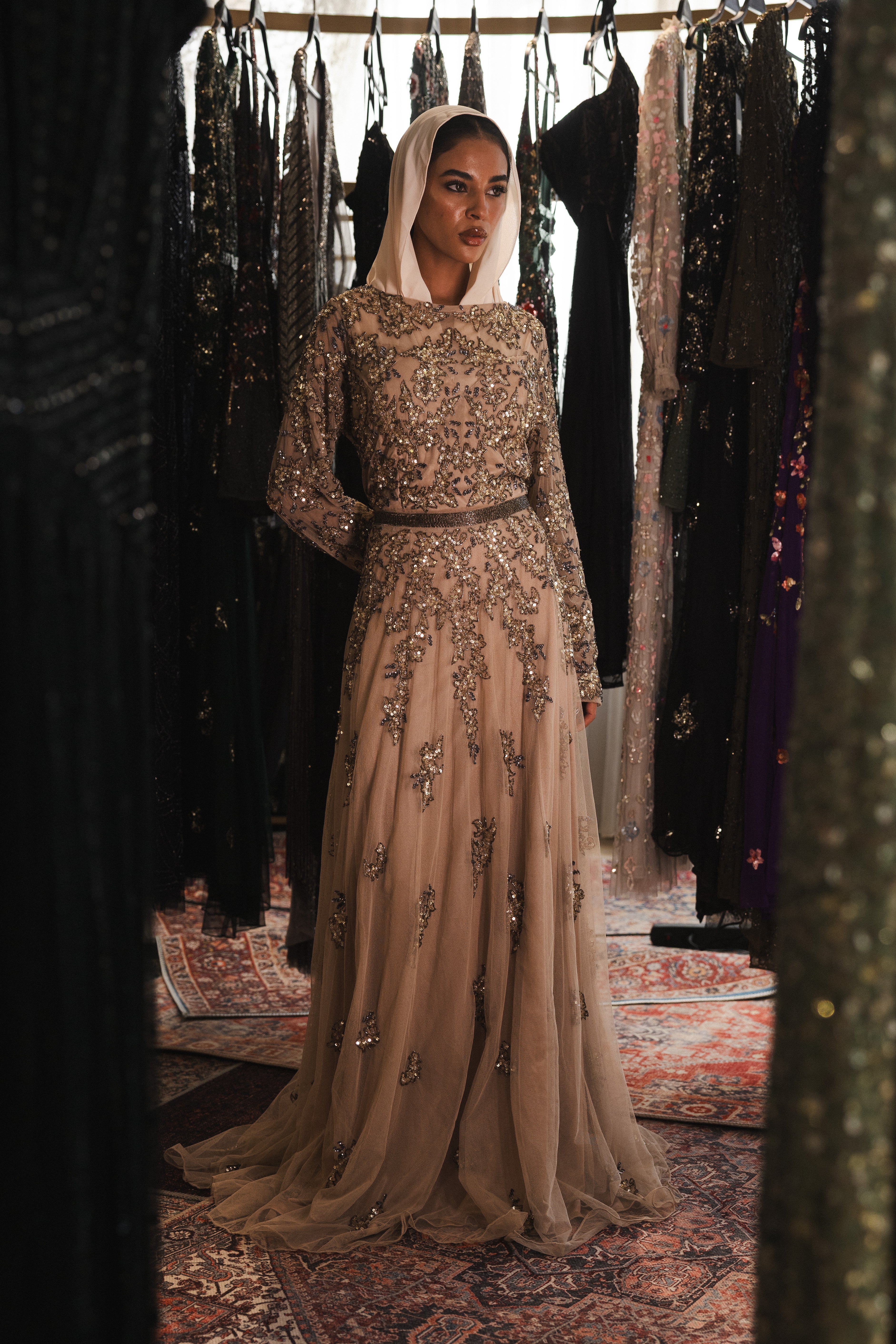 Beaded long sleeve long dress in caffe