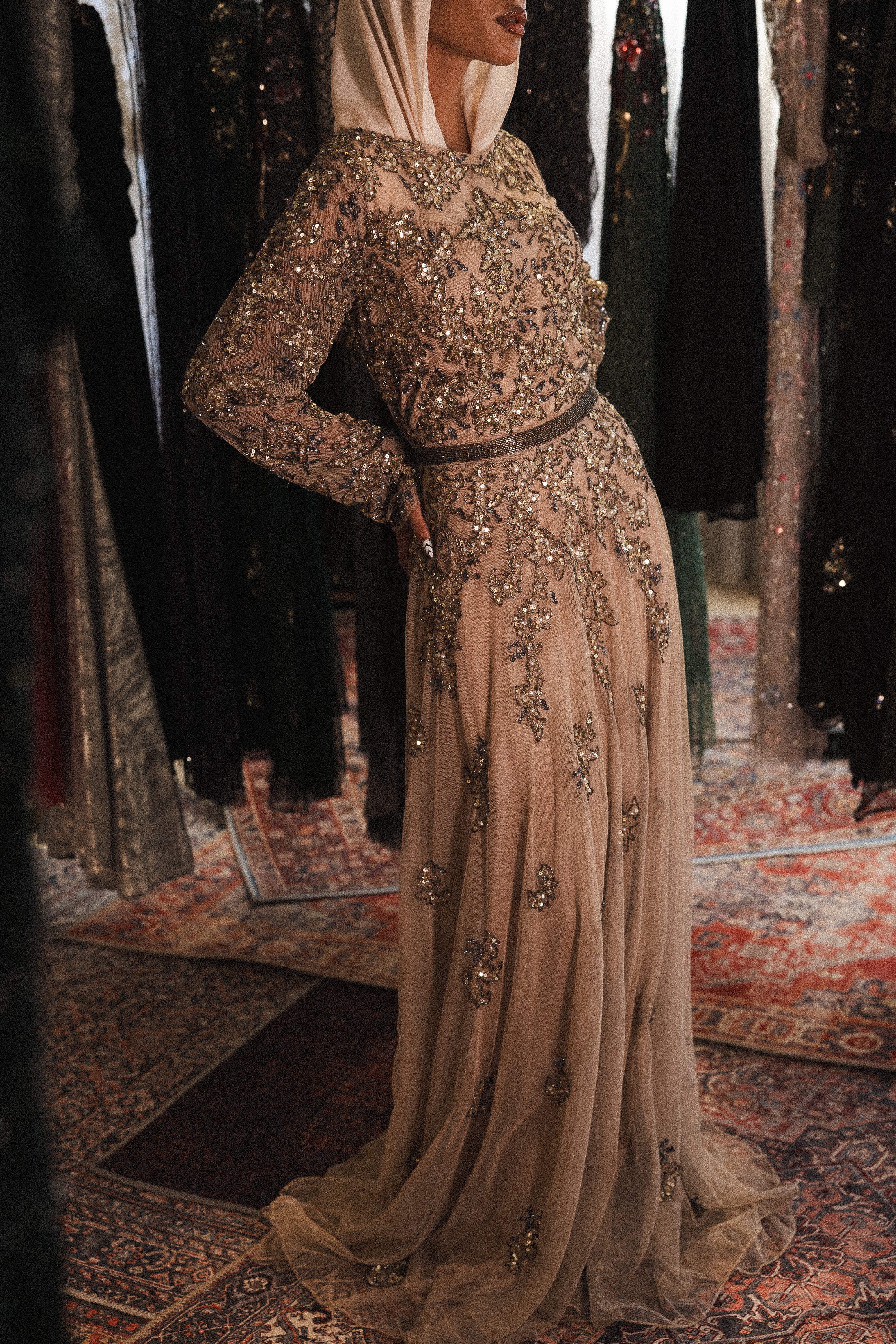 Beaded long sleeve long dress in caffe