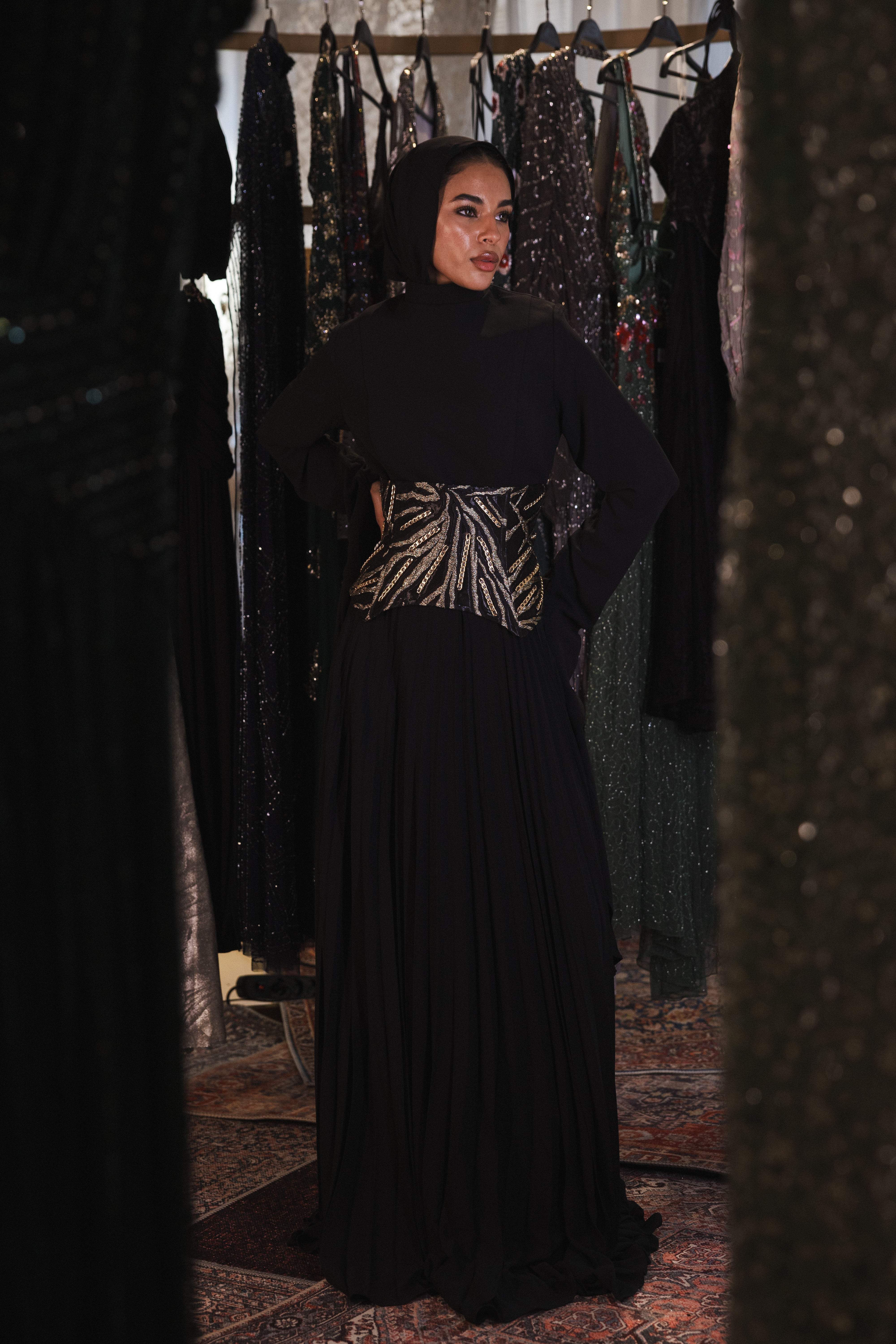 Plisse Long Sleeve With Corset In Black
