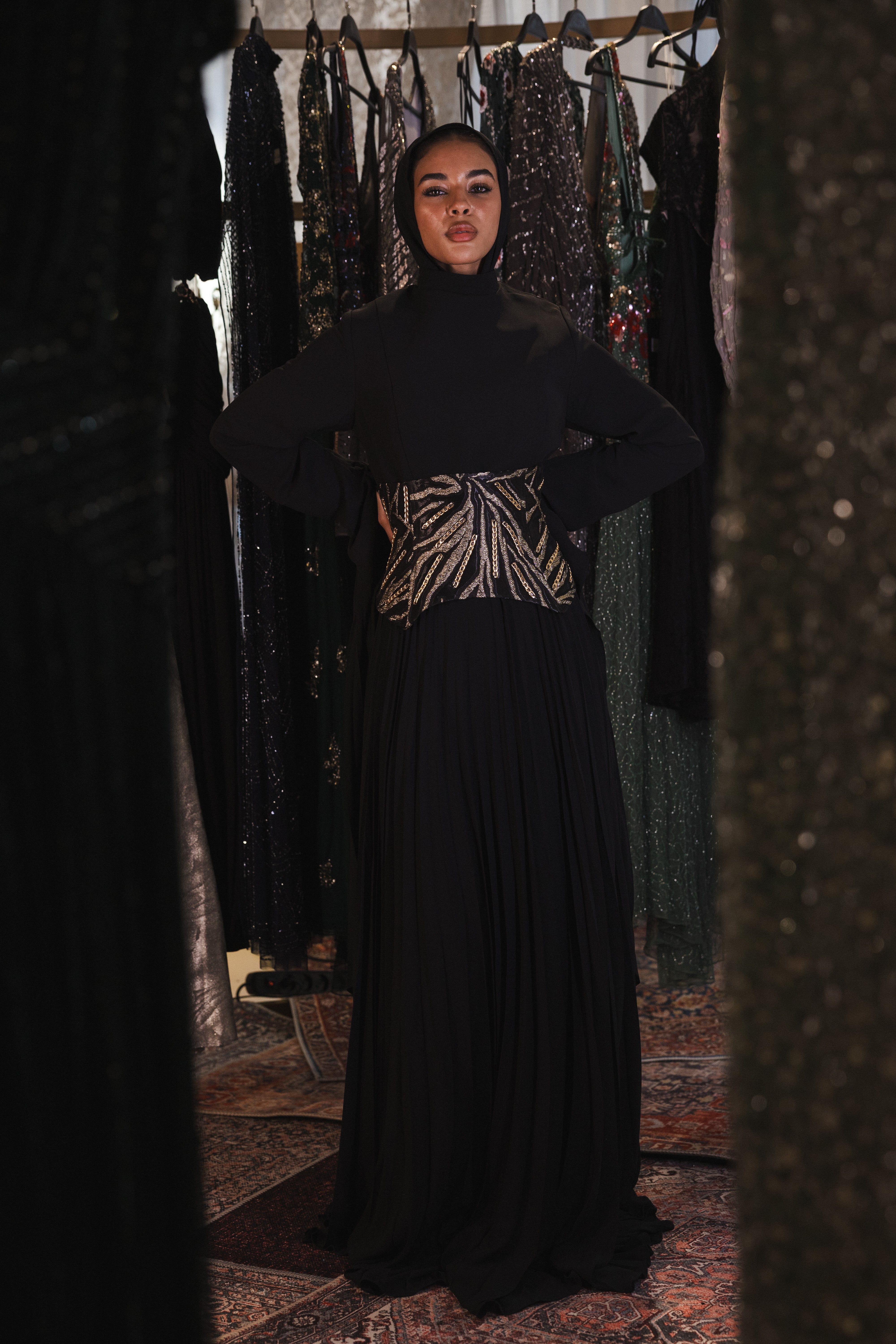 Plisse Long Sleeve With Corset In Black