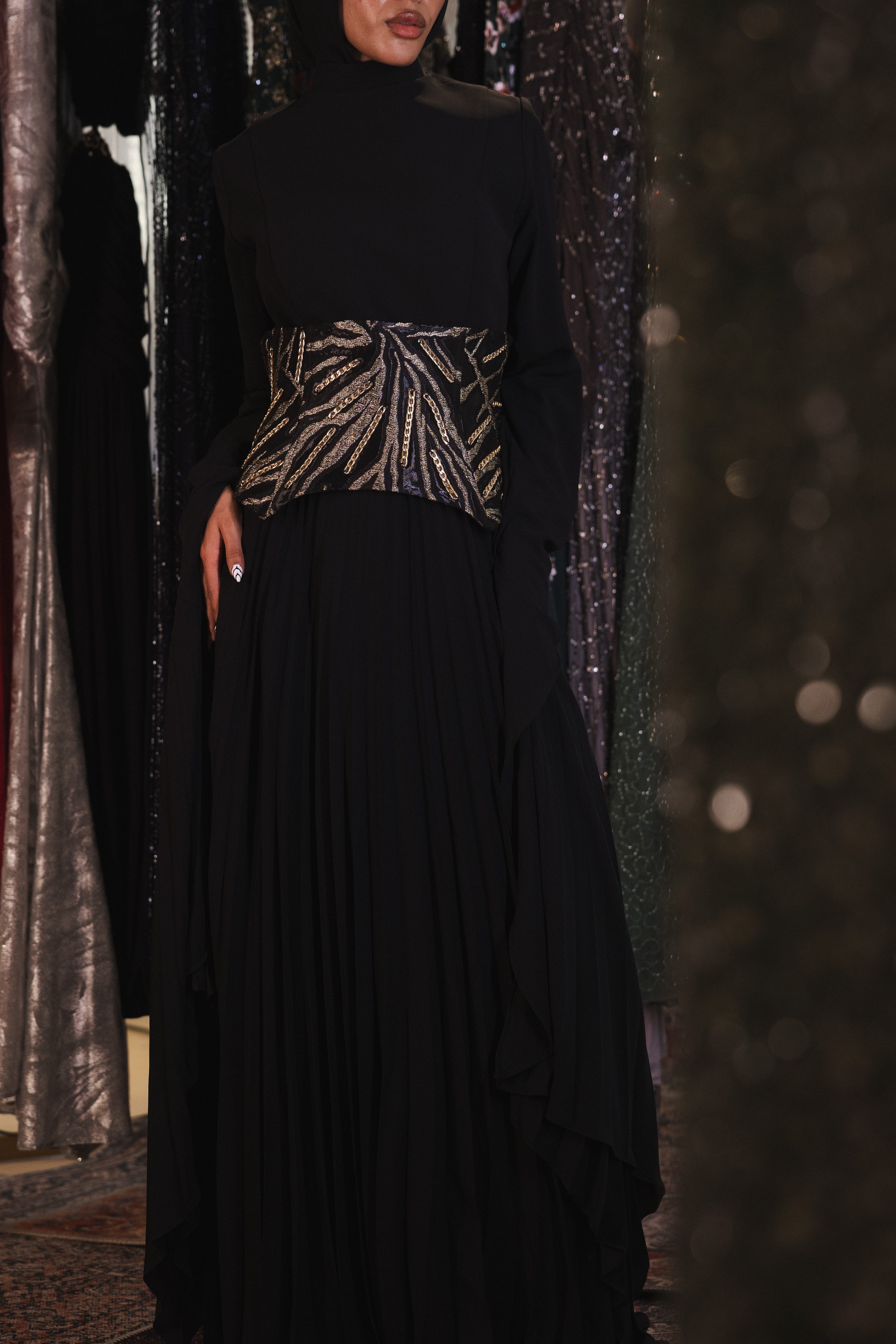 Plisse Long Sleeve With Corset In Black