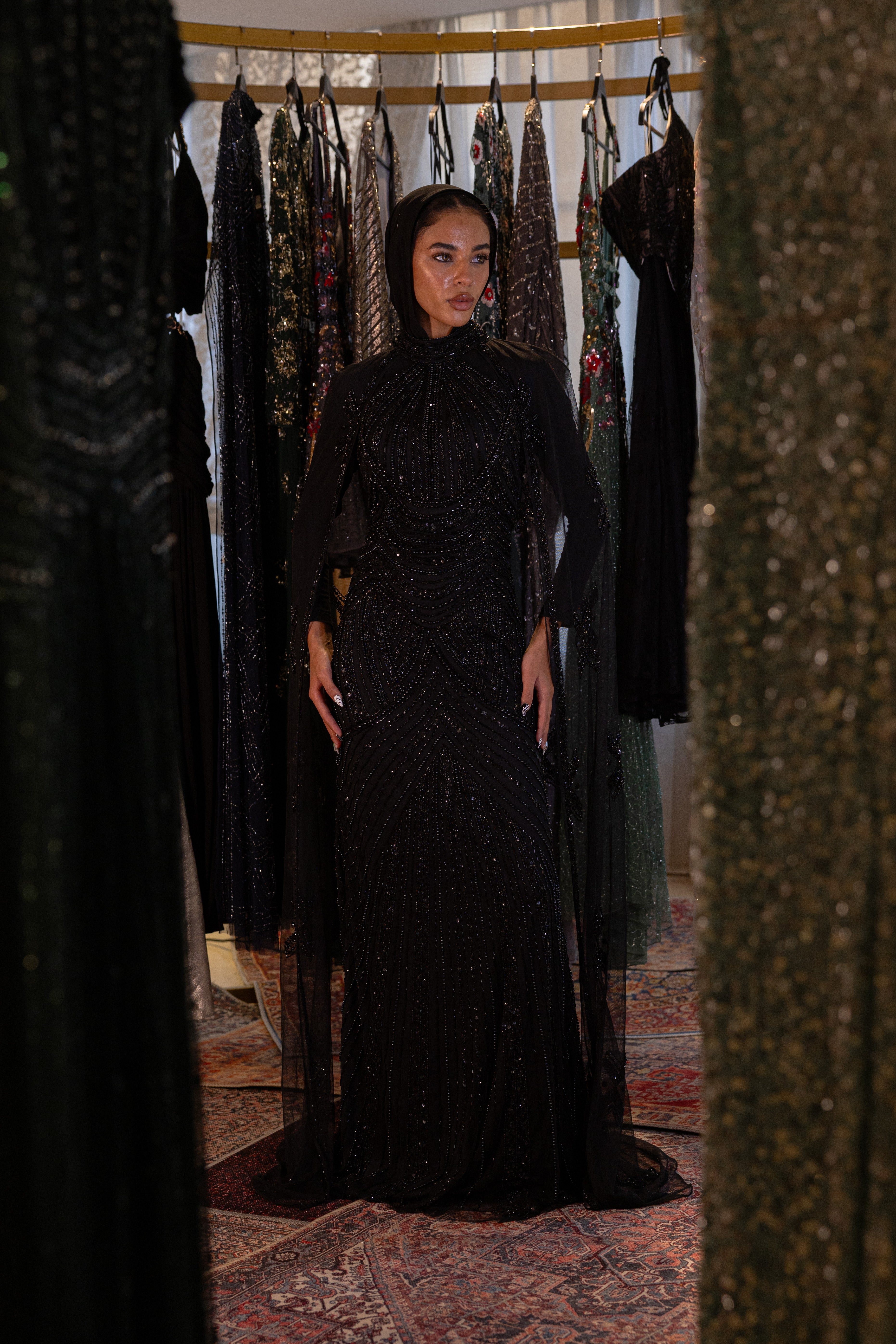 beaded long dress with cape in black