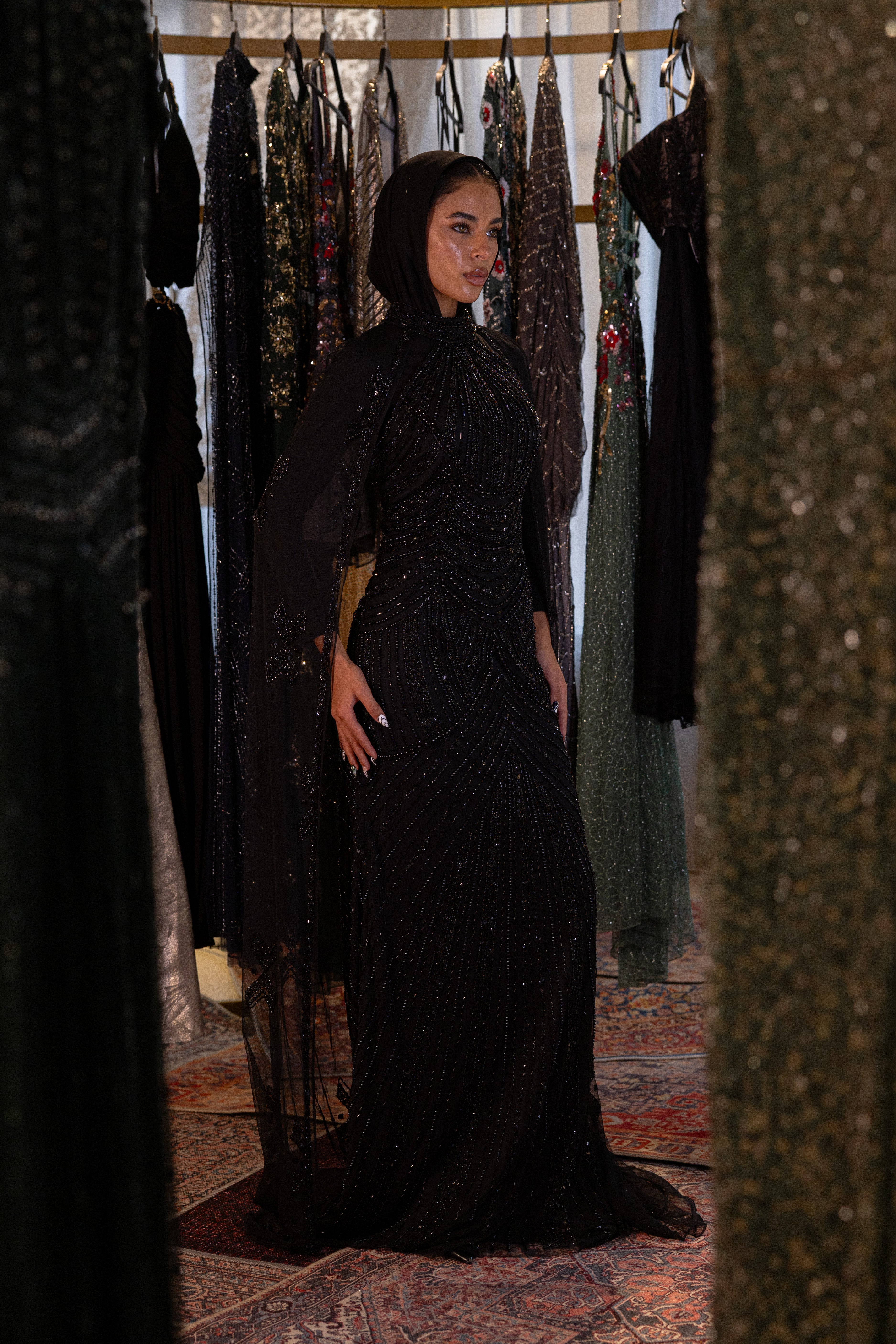 beaded long dress with cape in black