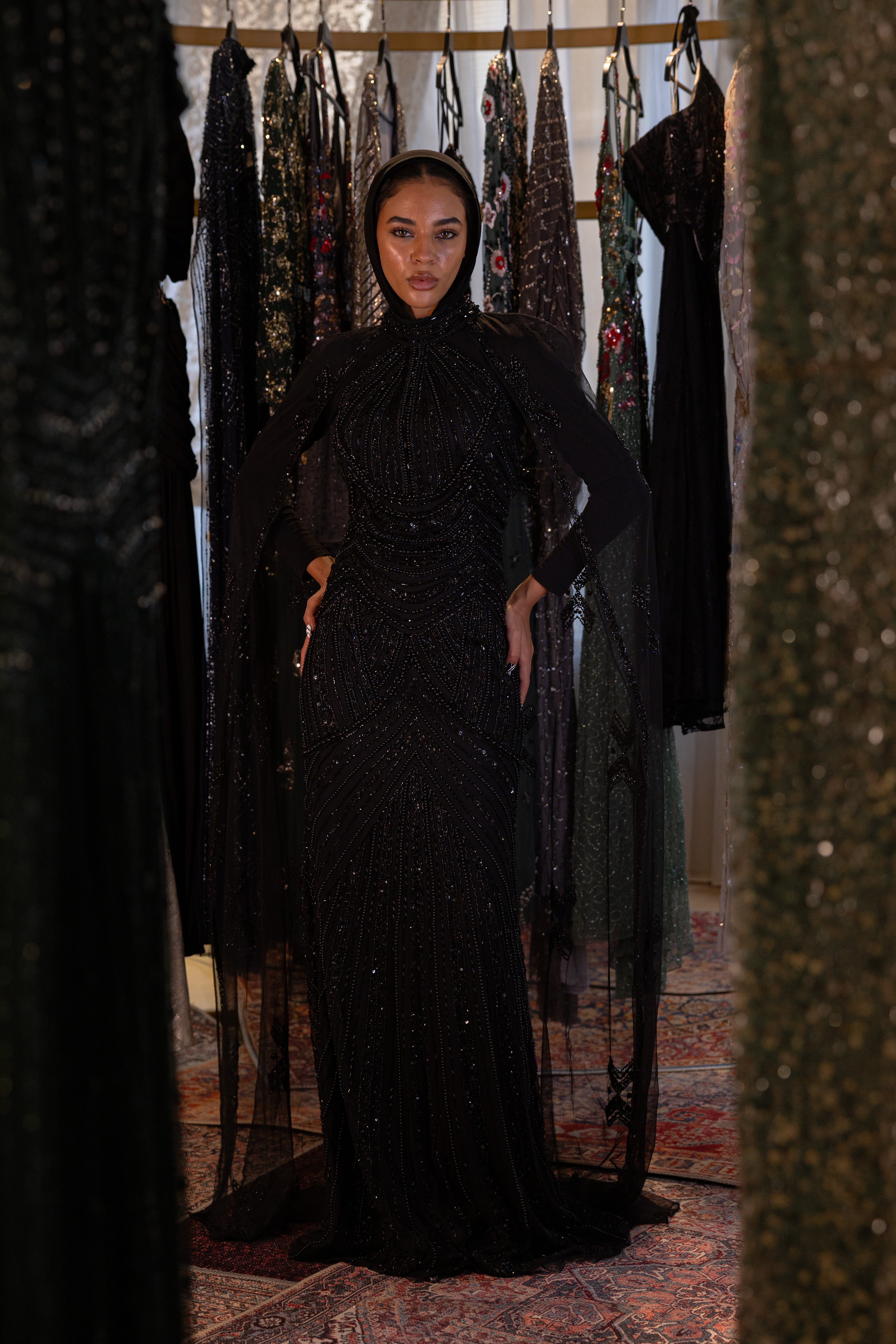 beaded long dress with cape in black