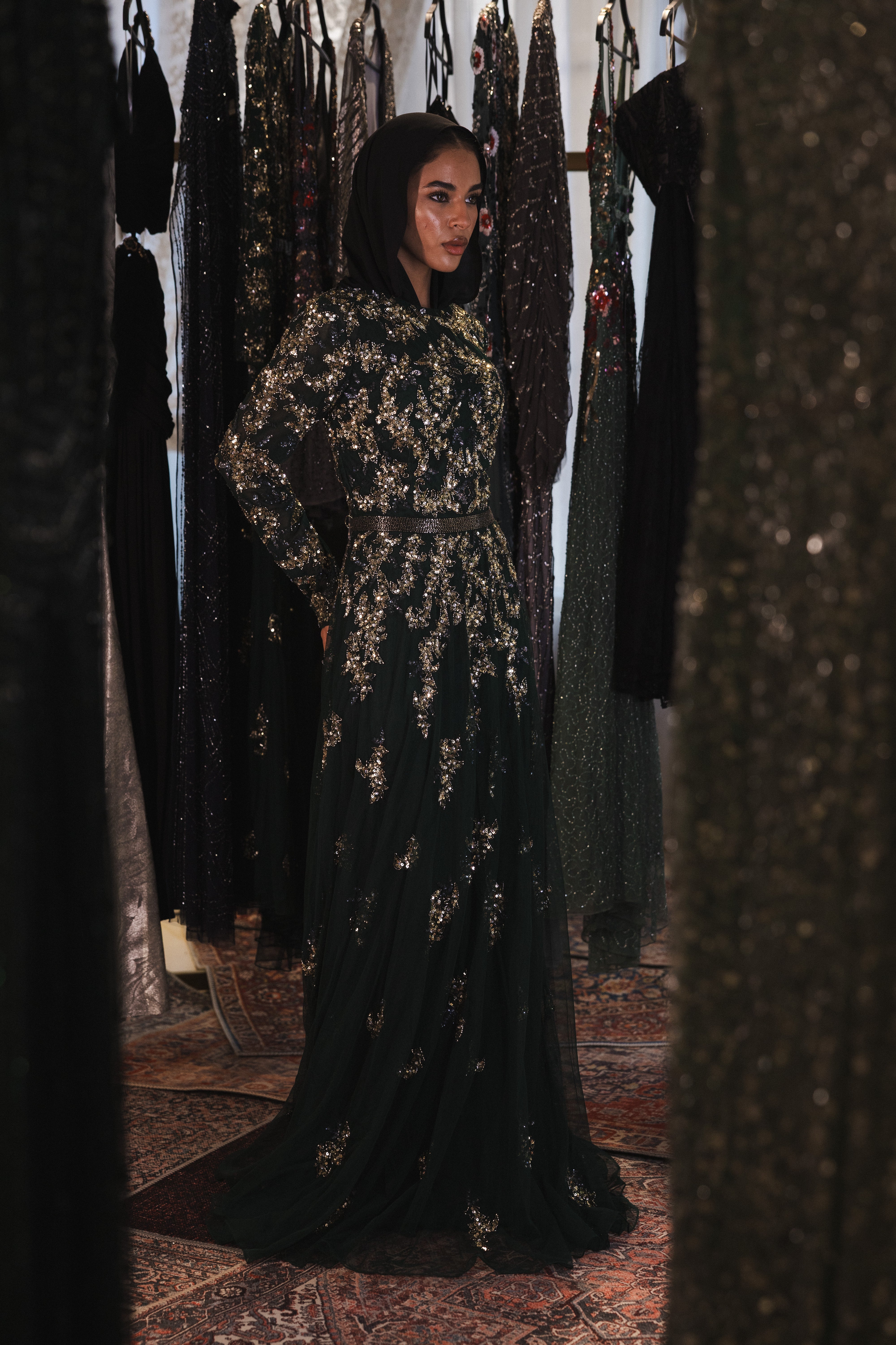 Beaded long sleeve long dress in dark green