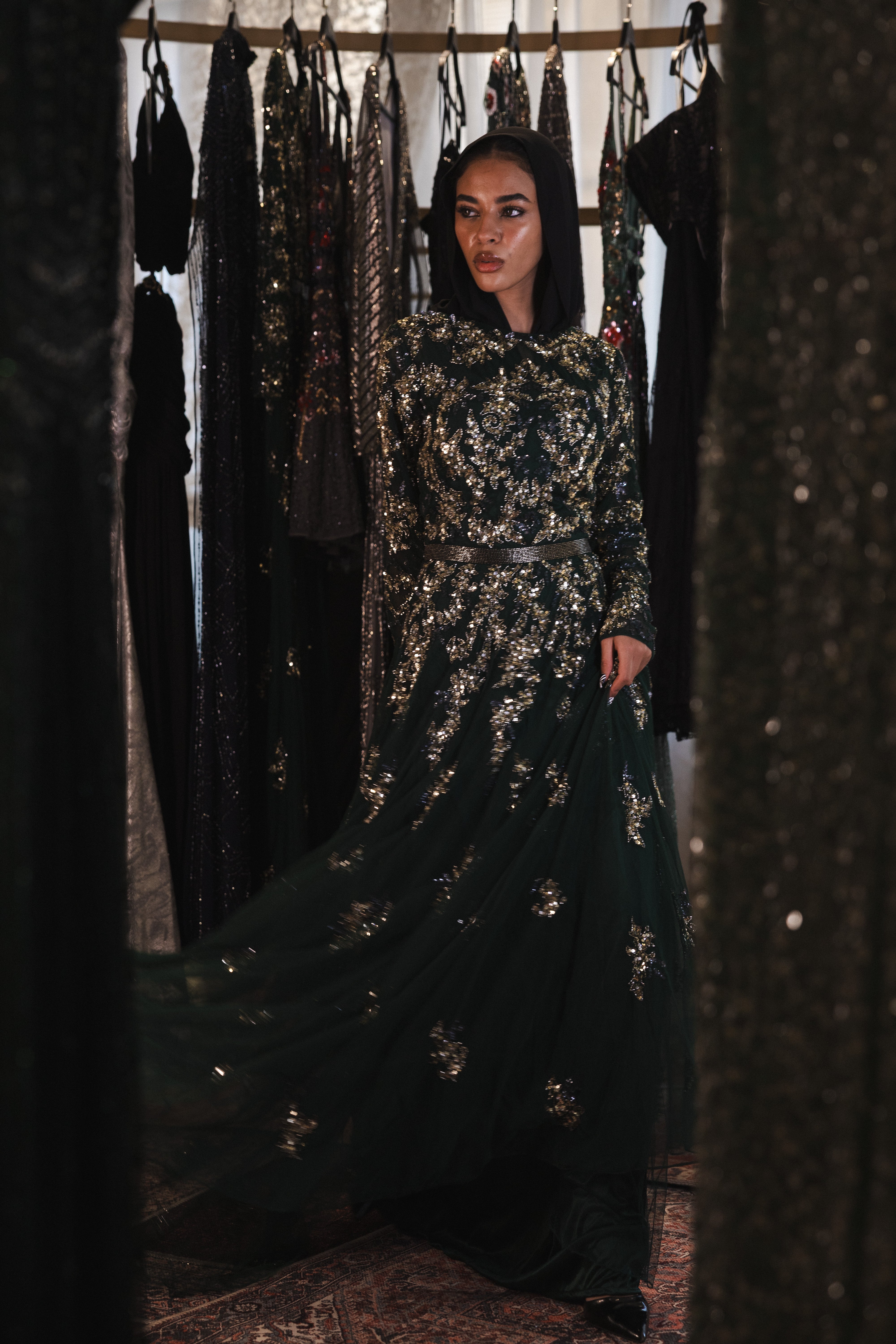Beaded long sleeve long dress in dark green