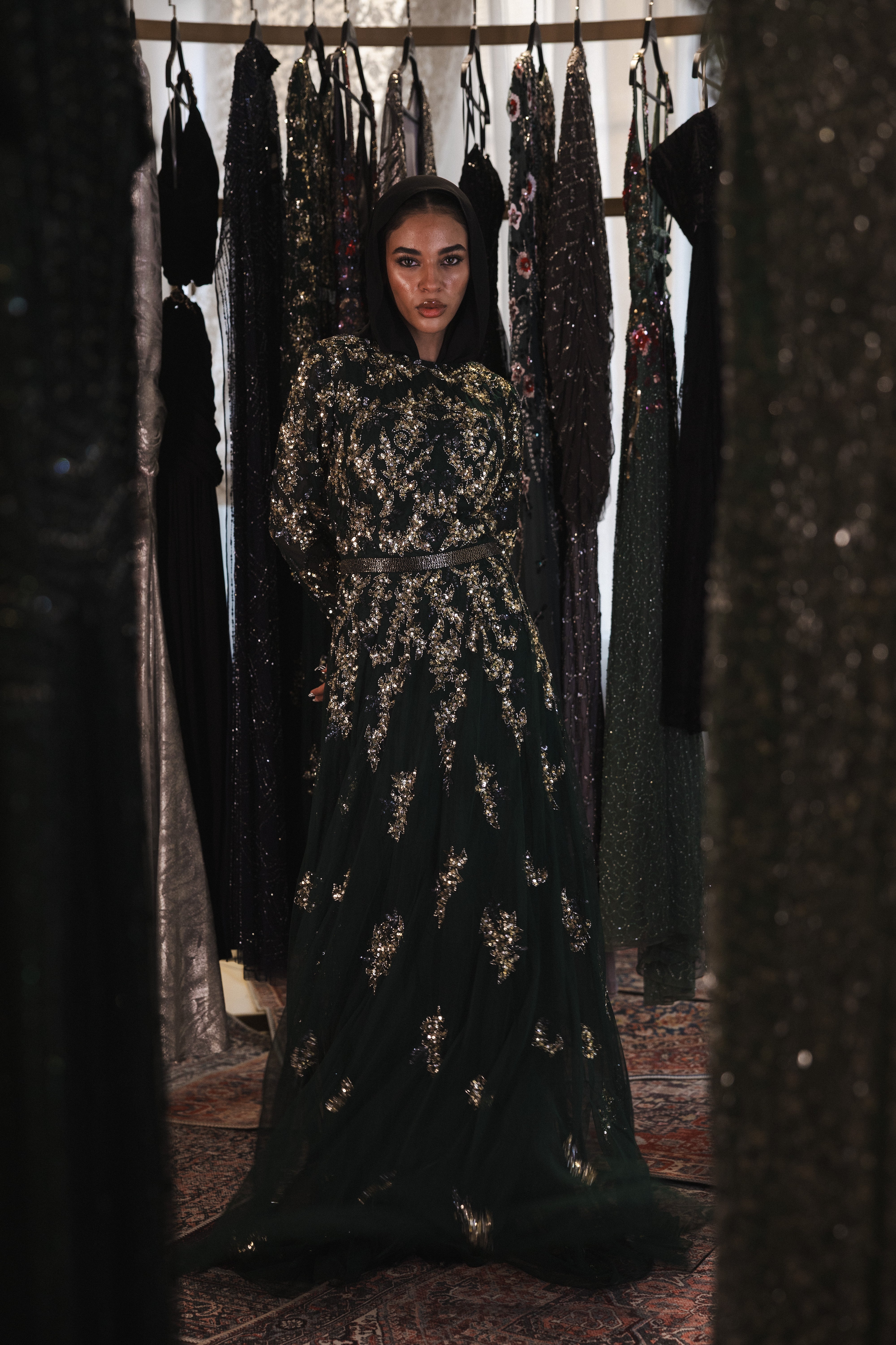 Beaded long sleeve long dress in dark green