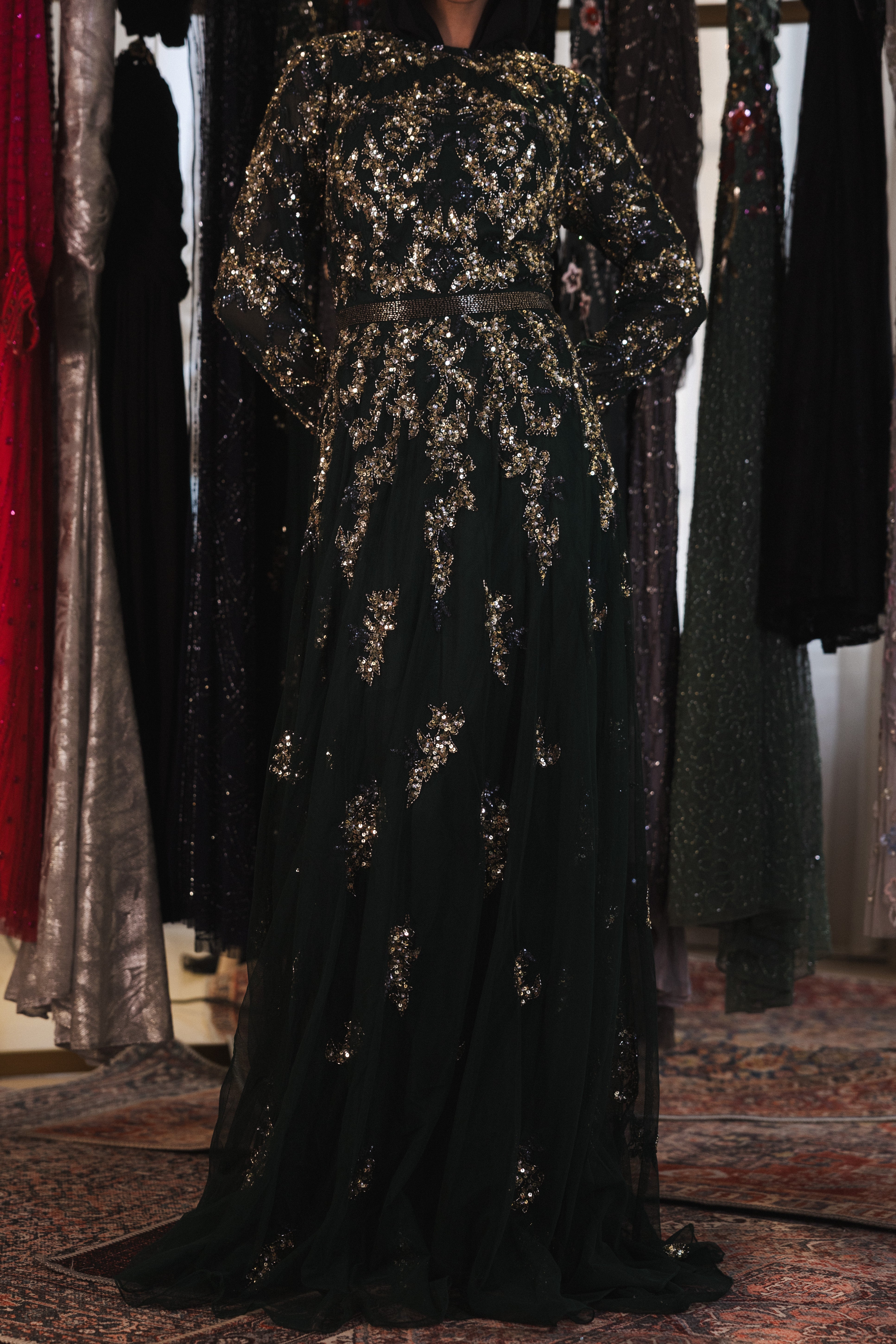 Beaded long sleeve long dress in dark green