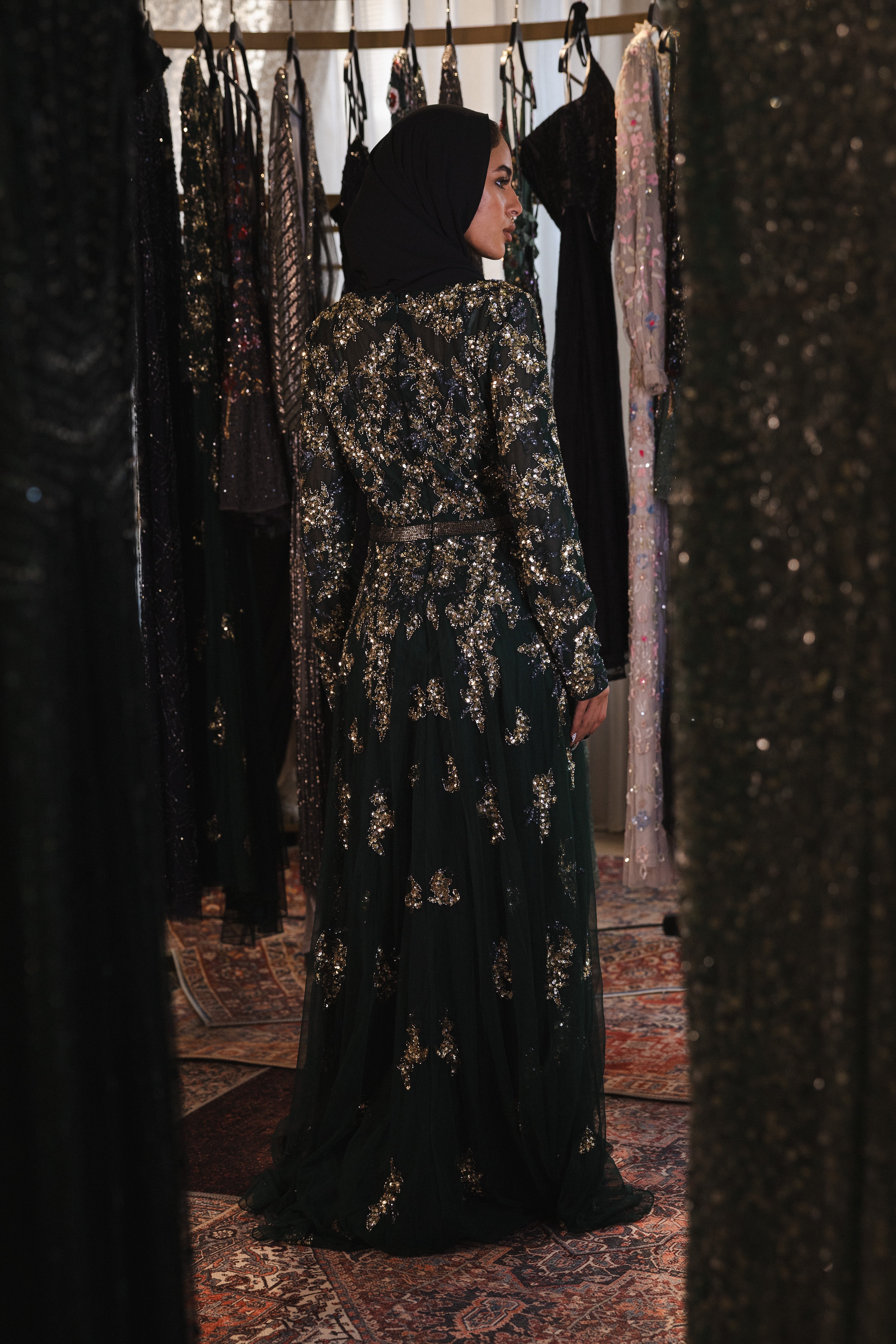 Beaded long sleeve long dress in dark green