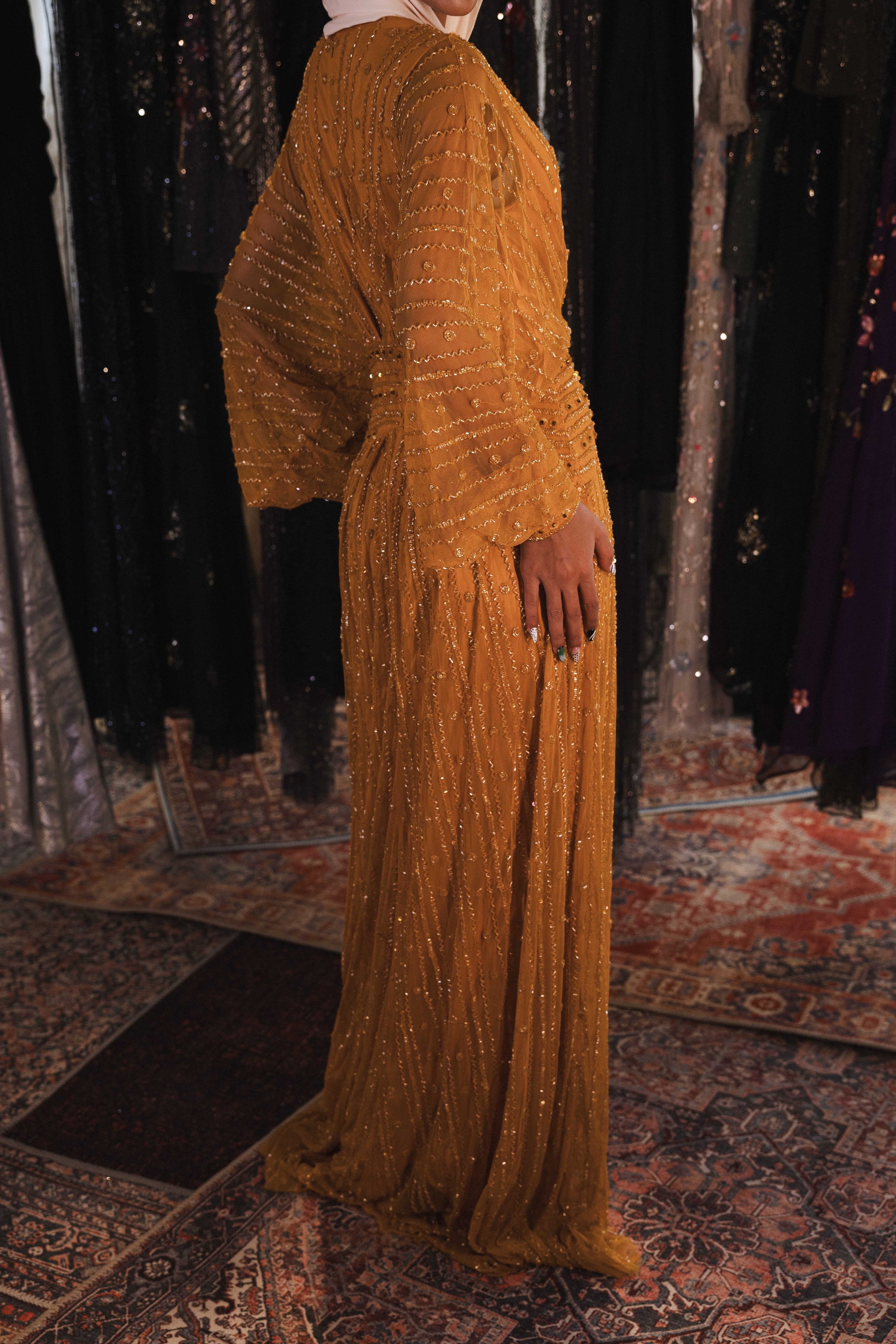 Beaded long sleeve v neck in mustard