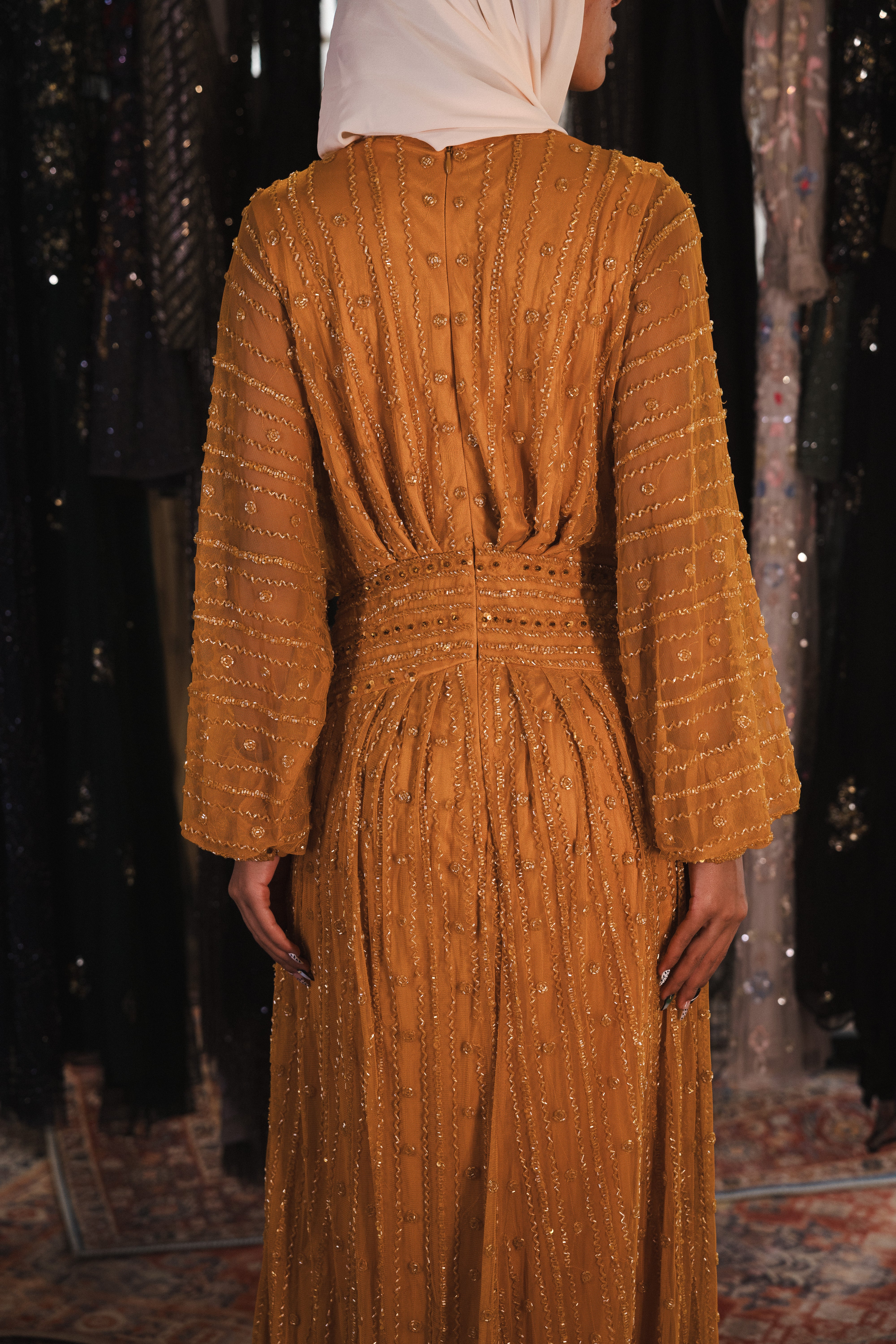 Beaded long sleeve v neck in mustard