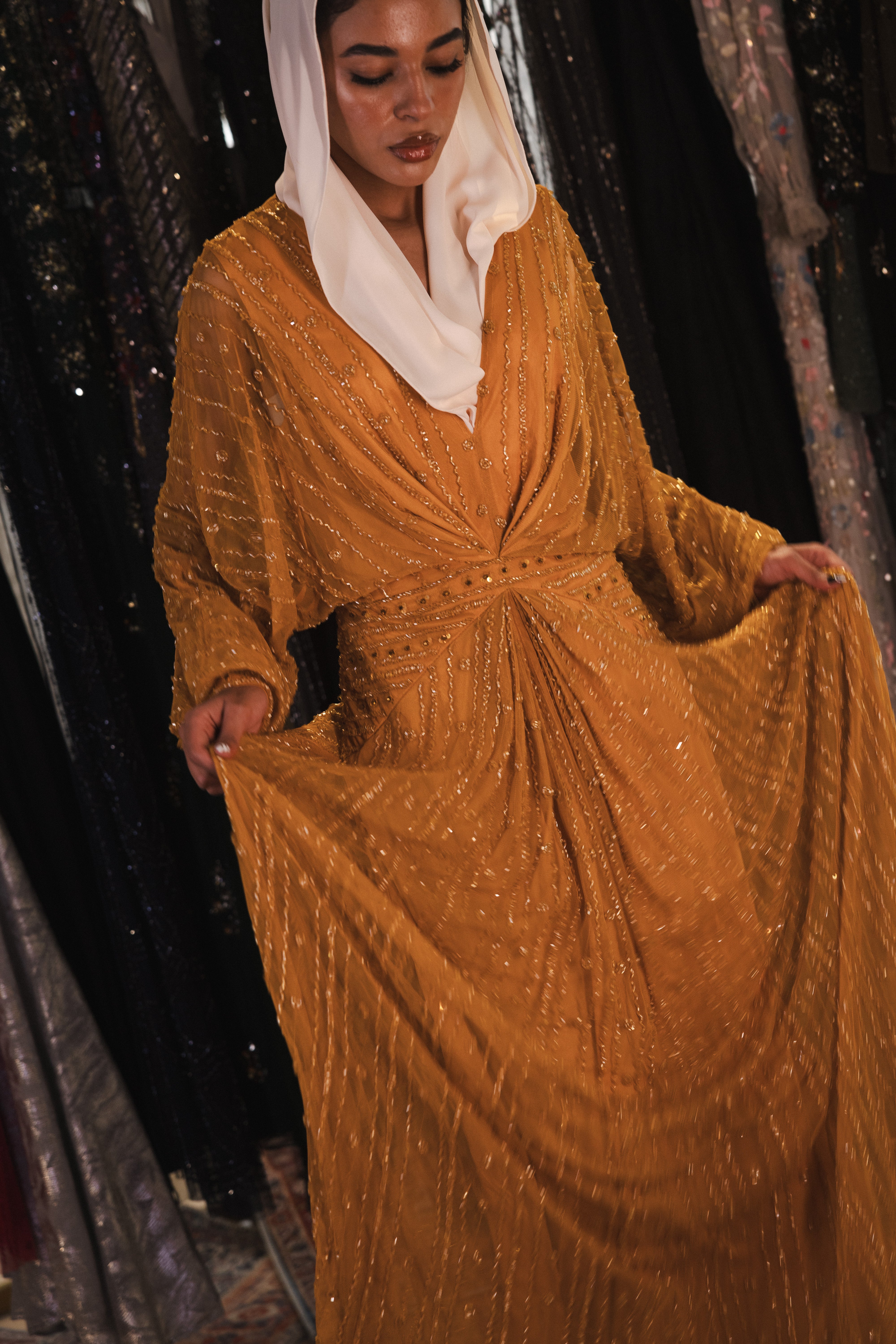 Beaded long sleeve v neck in mustard