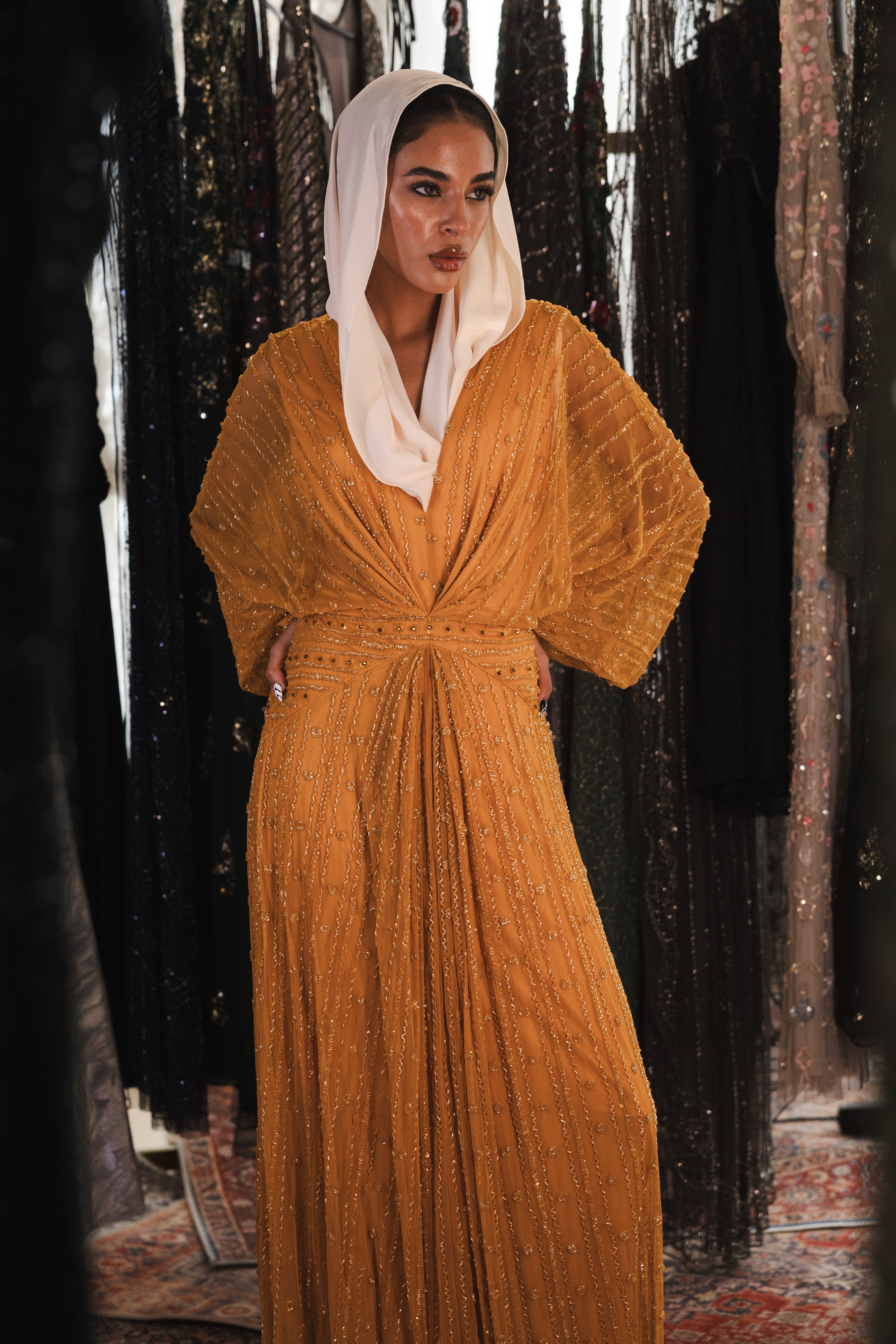 Beaded long sleeve v neck in mustard