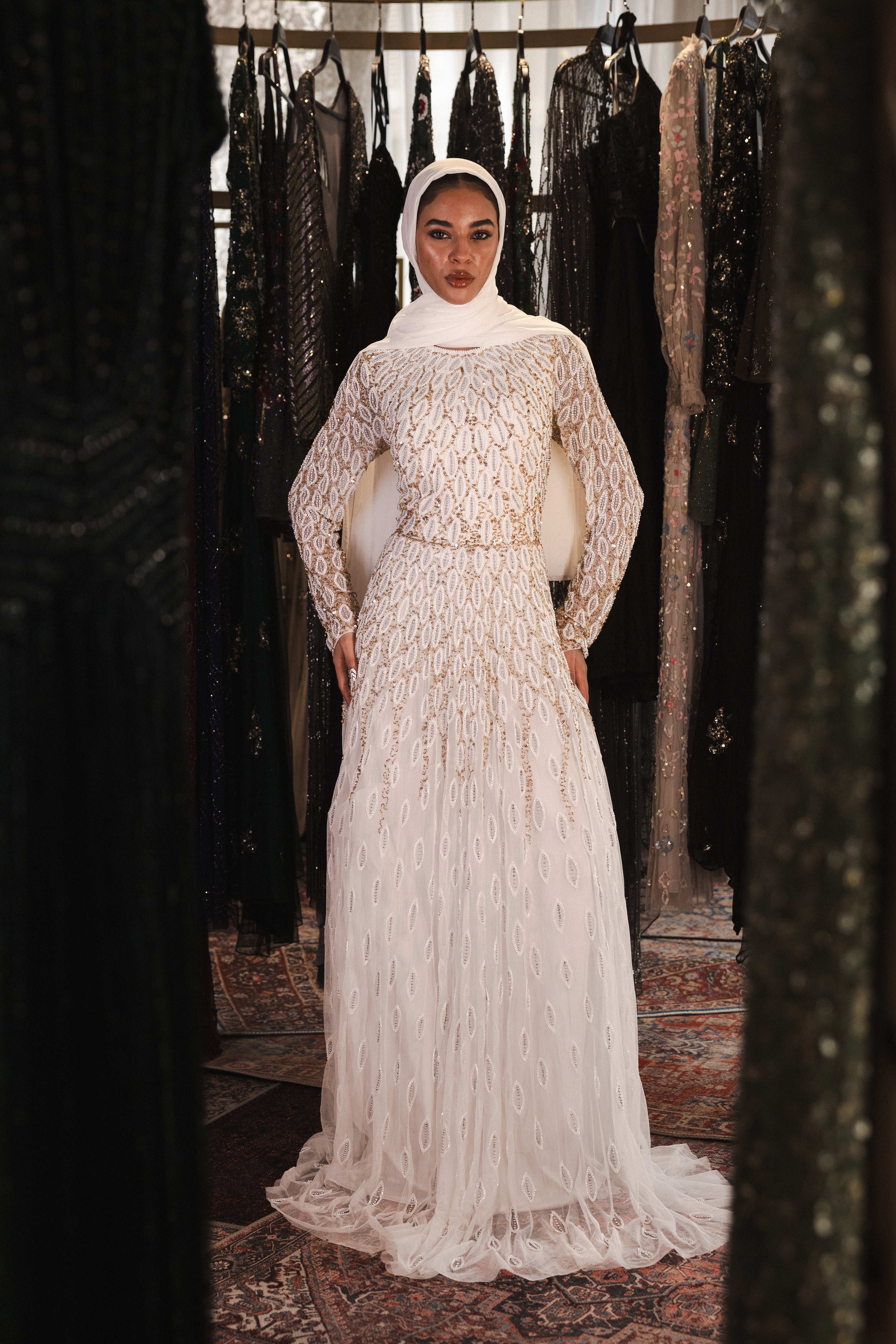 Beaded modest long dress in white & gold