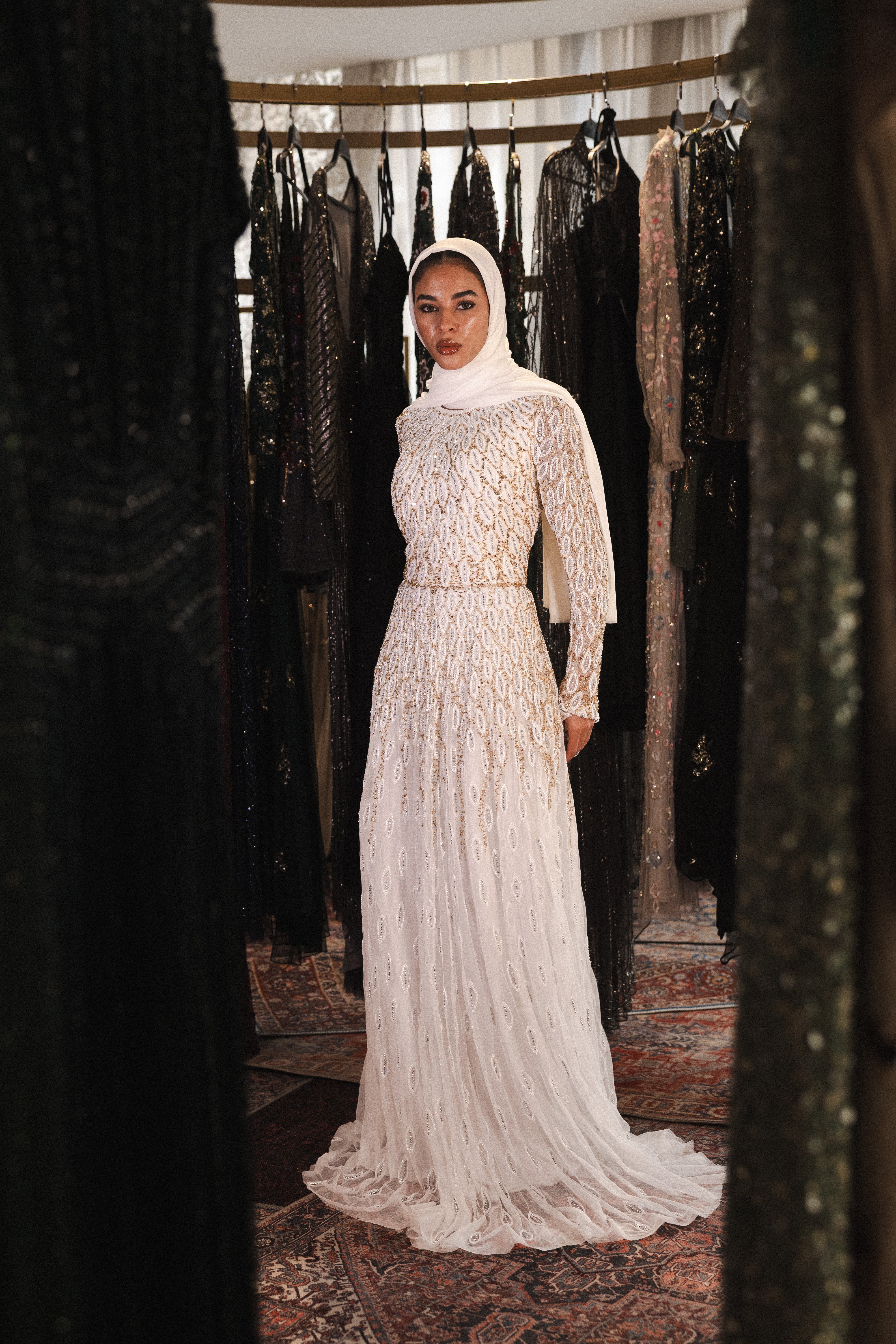 Beaded modest long dress in white & gold