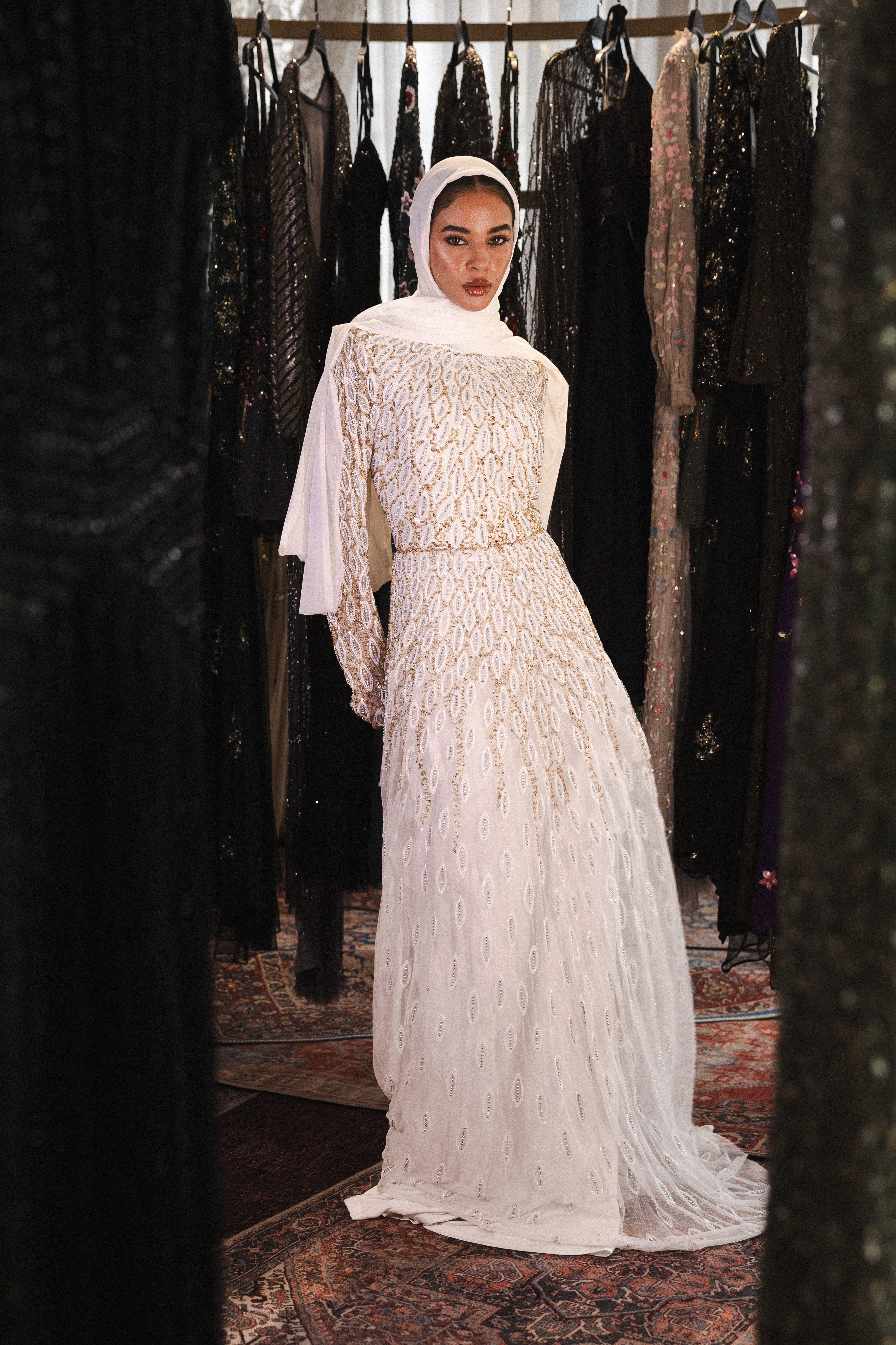 Beaded modest long dress in white & gold