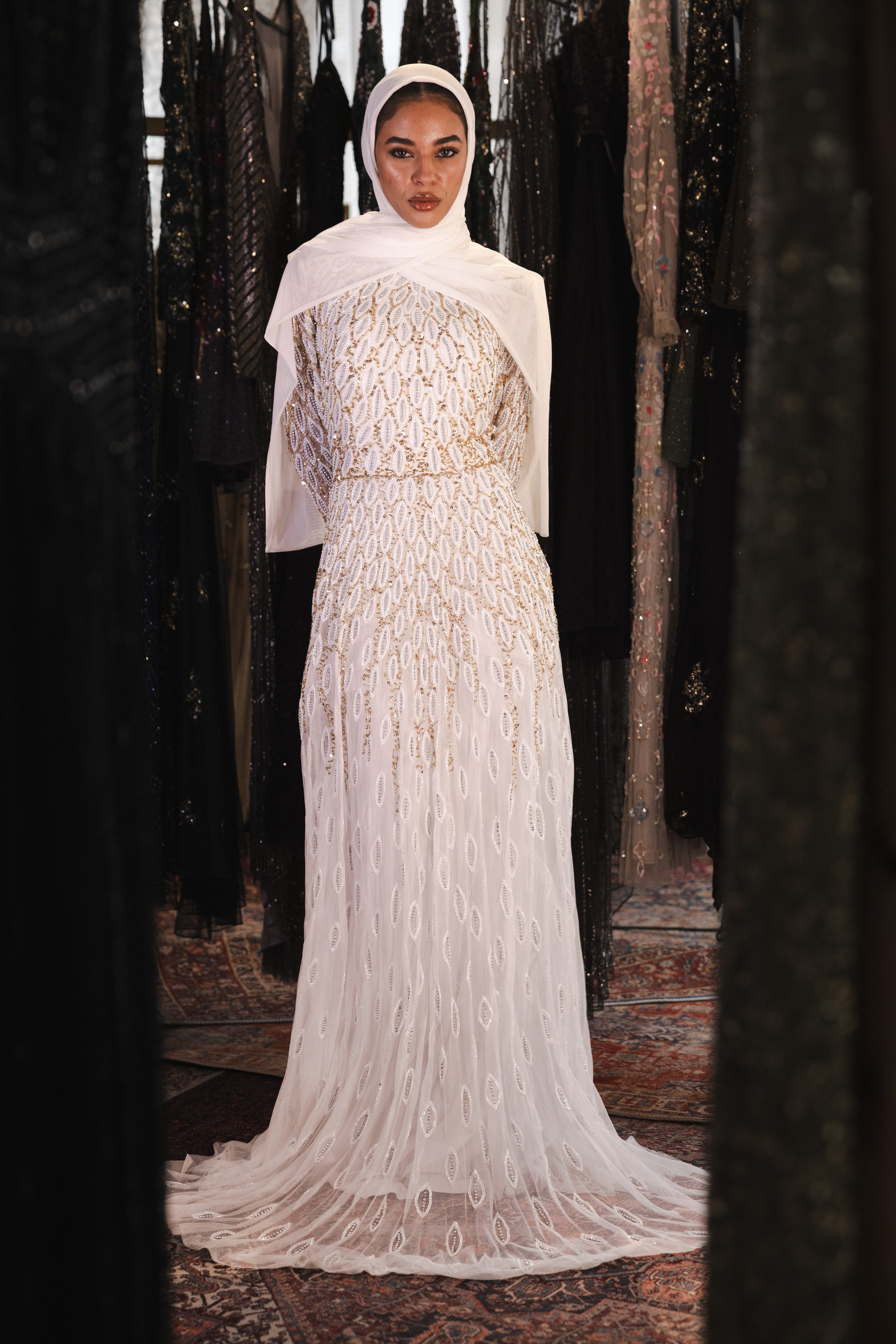 Beaded modest long dress in white & gold