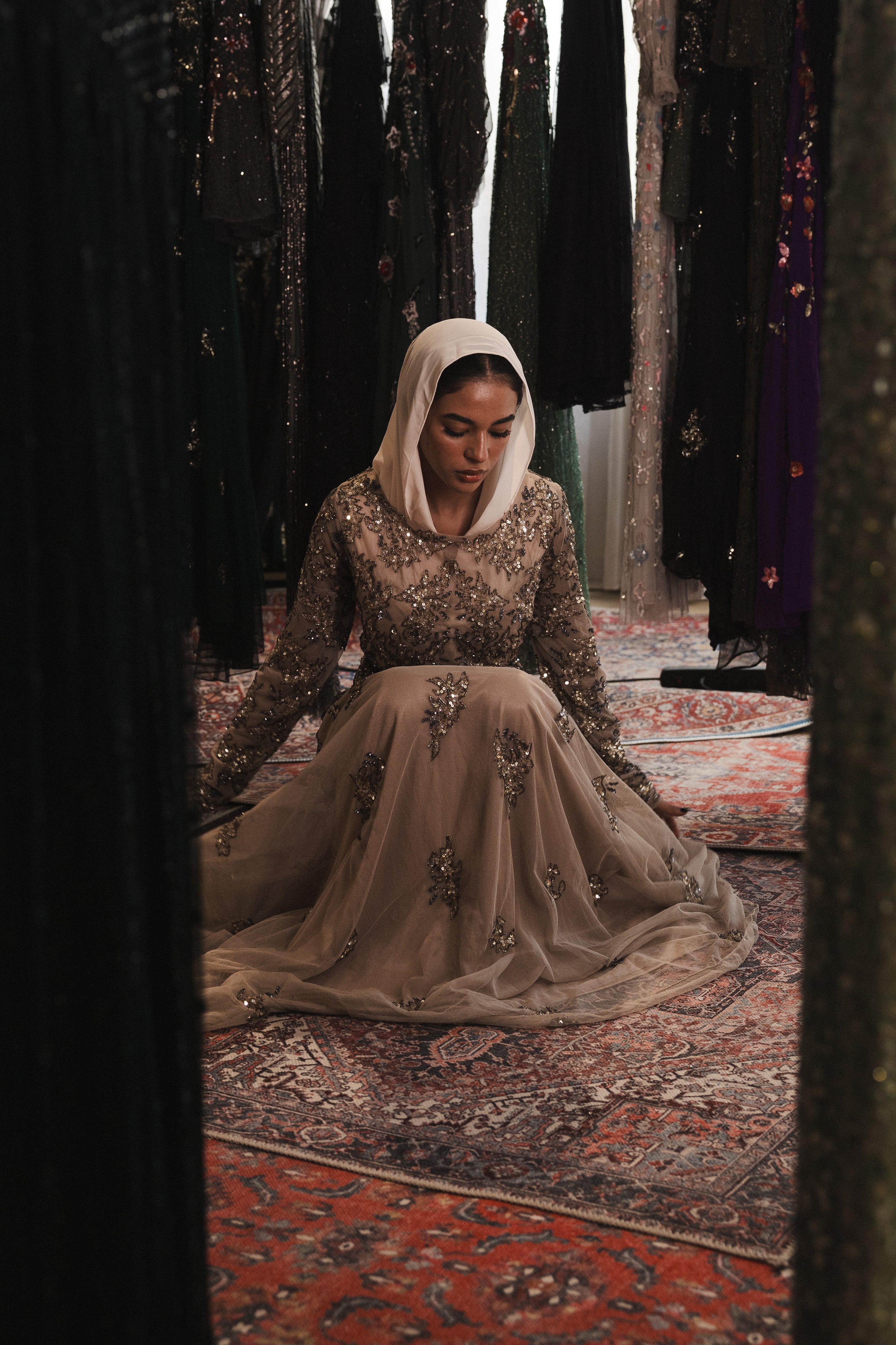 Beaded long sleeve long dress in caffe