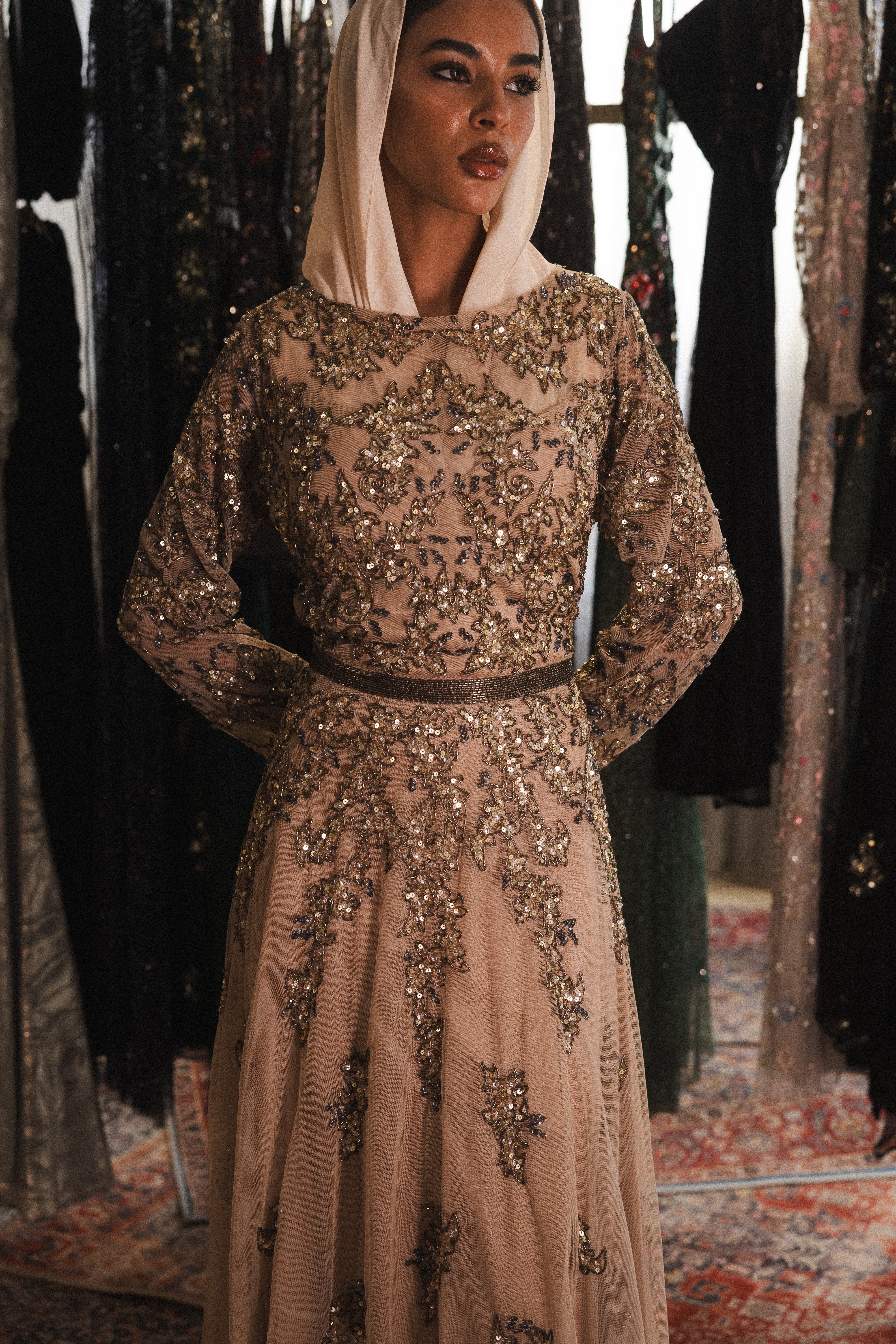 Beaded long sleeve long dress in caffe
