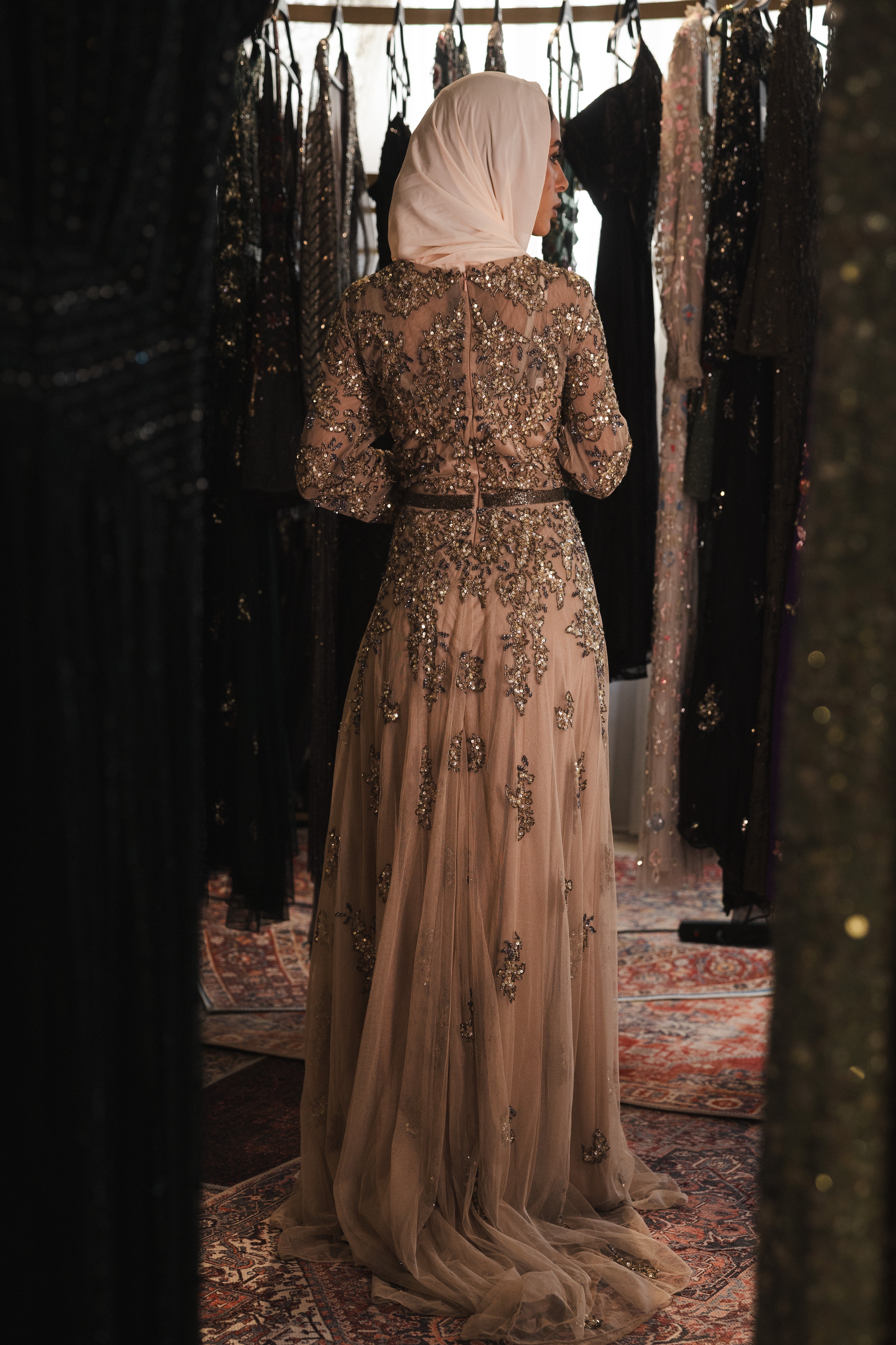 Beaded long sleeve long dress in caffe