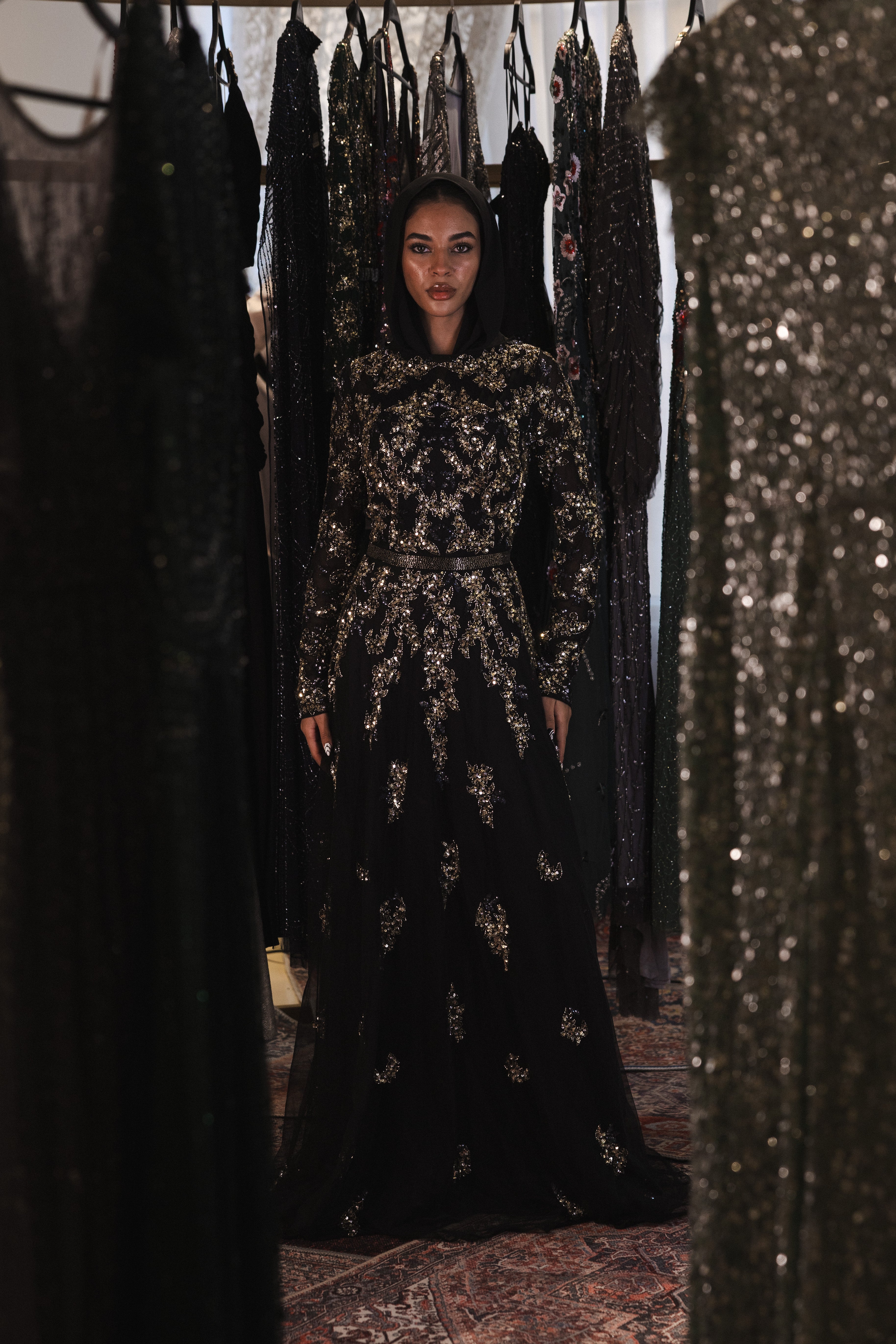 Beaded long sleeve long dress in black
