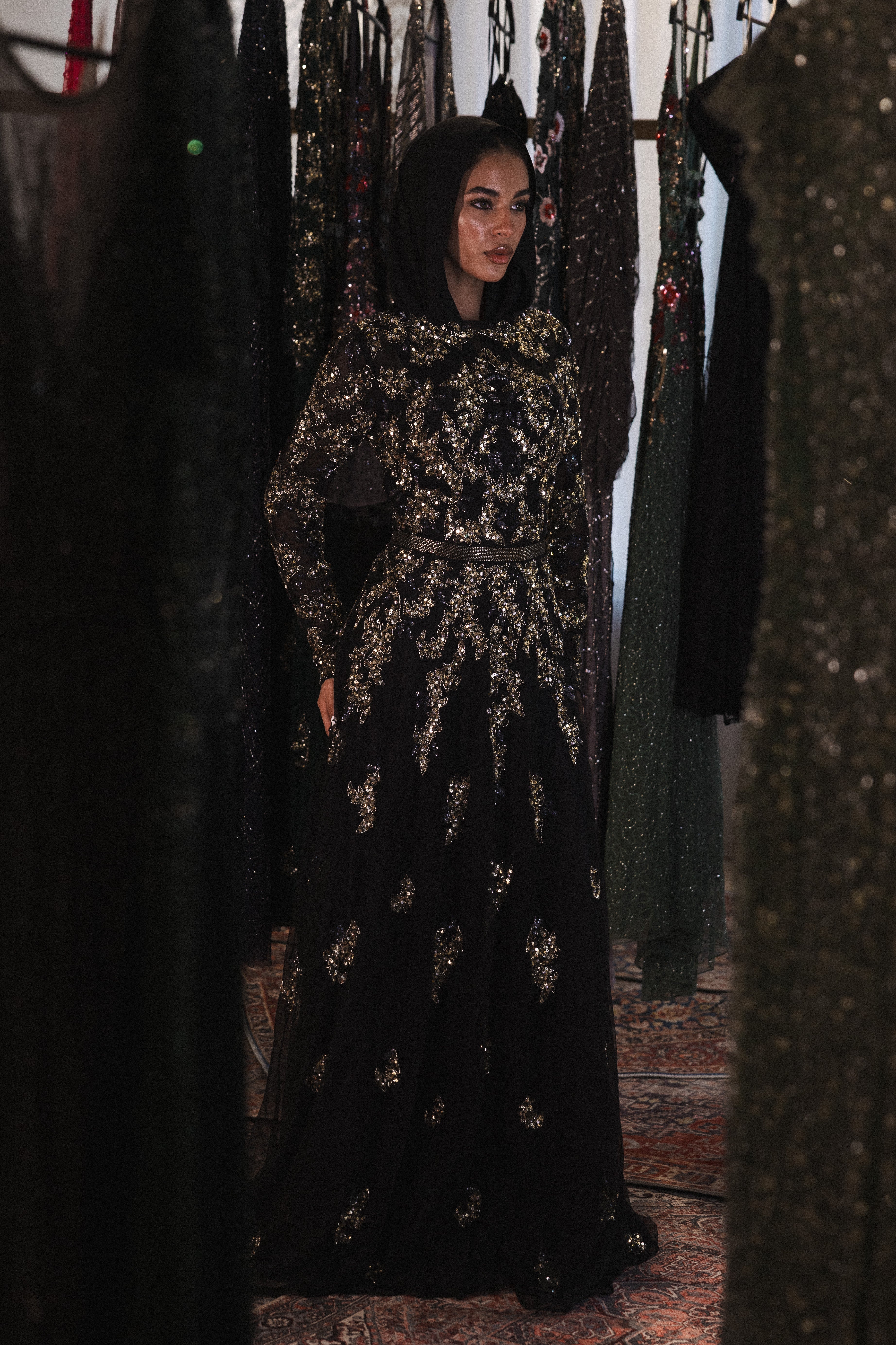 Beaded long sleeve long dress in black