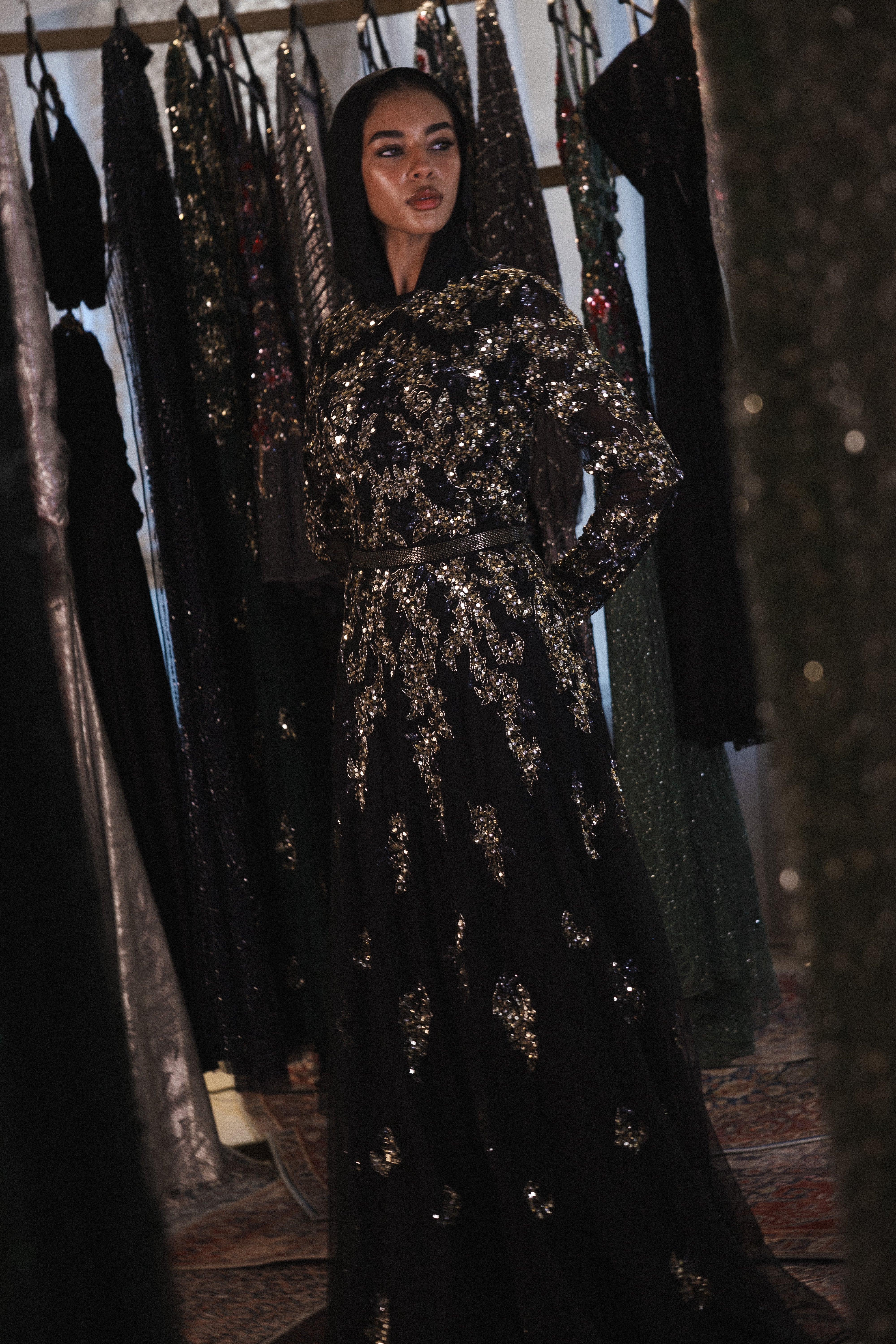 Beaded long sleeve long dress in black