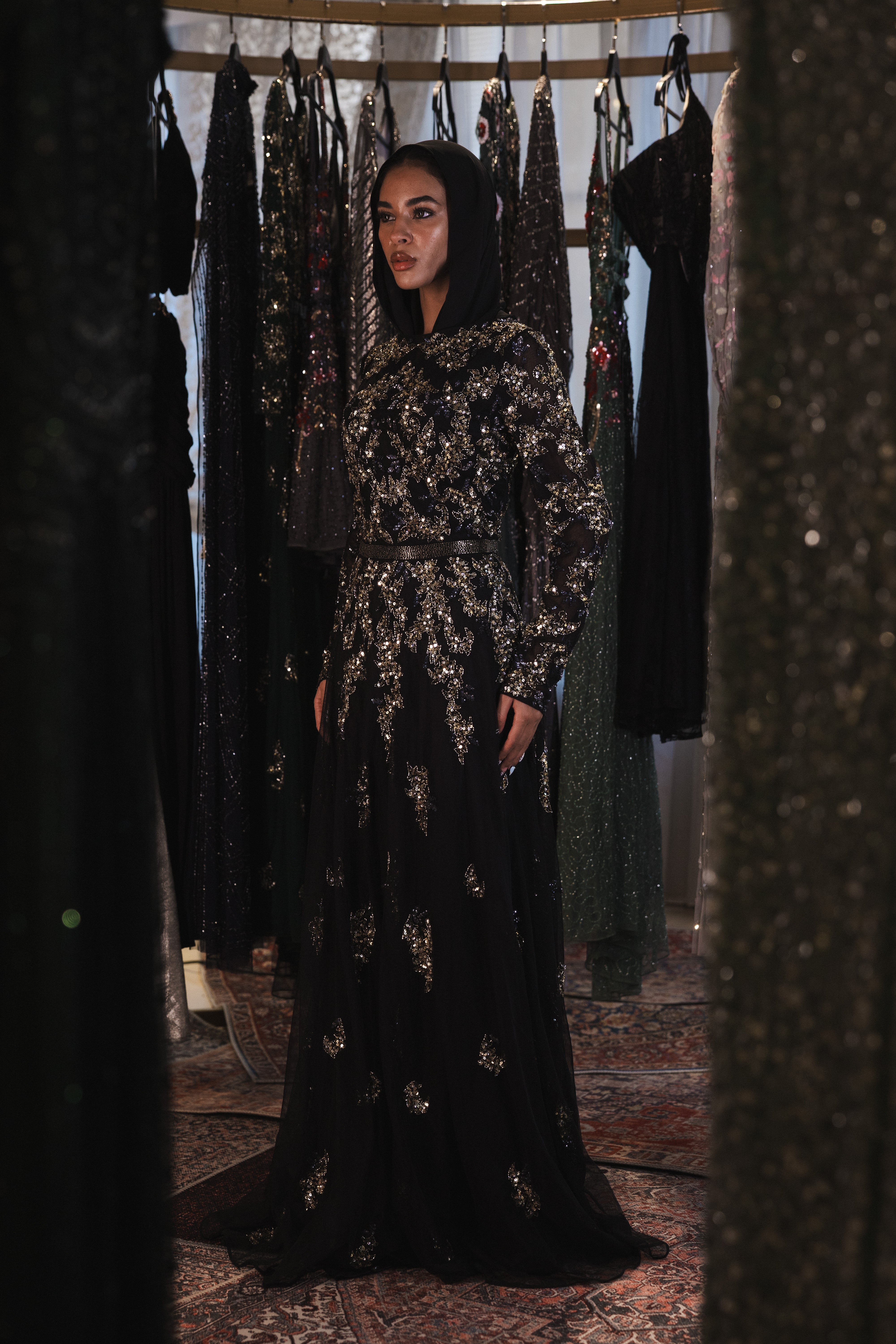 Beaded long sleeve long dress in black