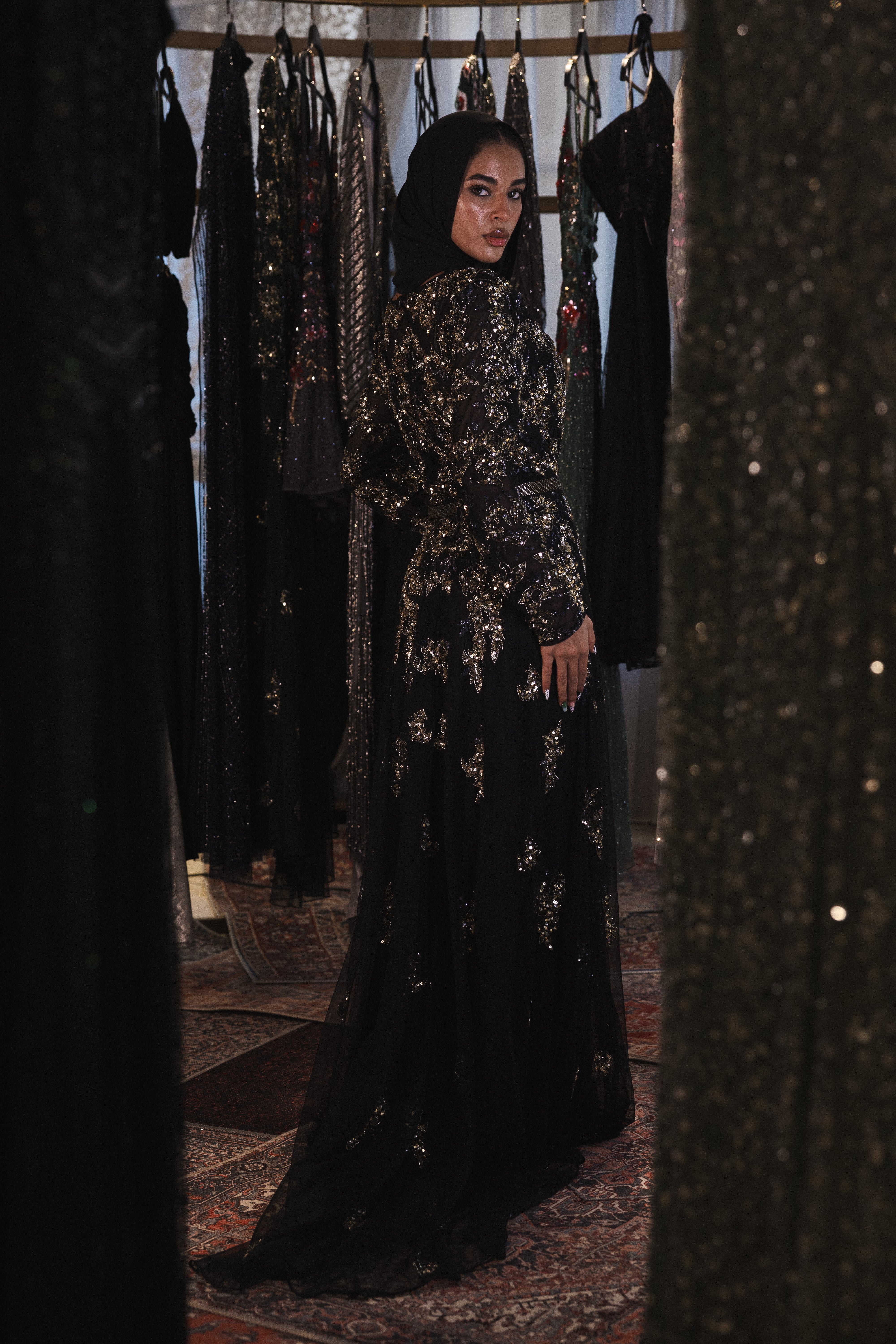 Beaded long sleeve long dress in black