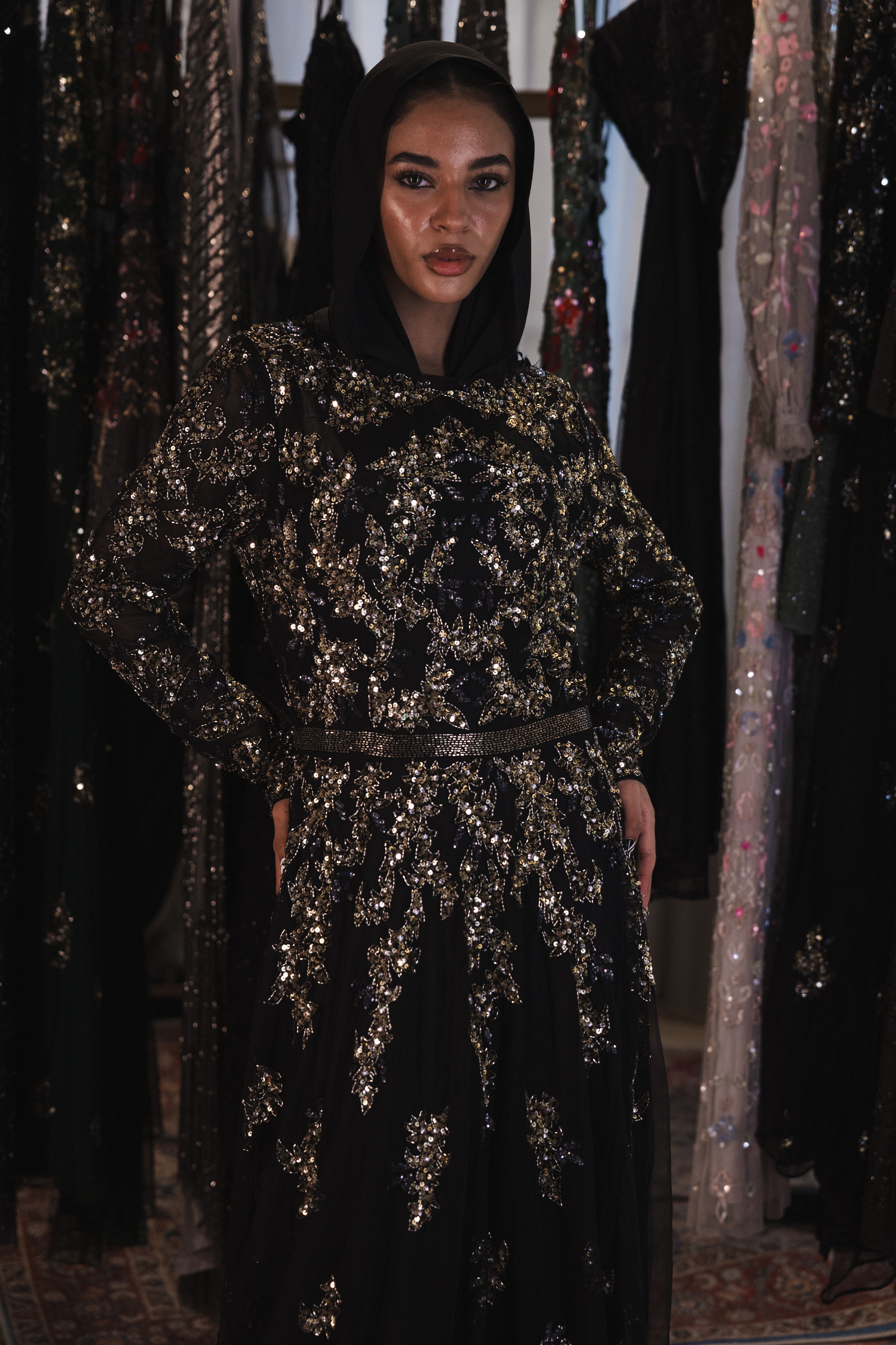 Beaded long sleeve long dress in black