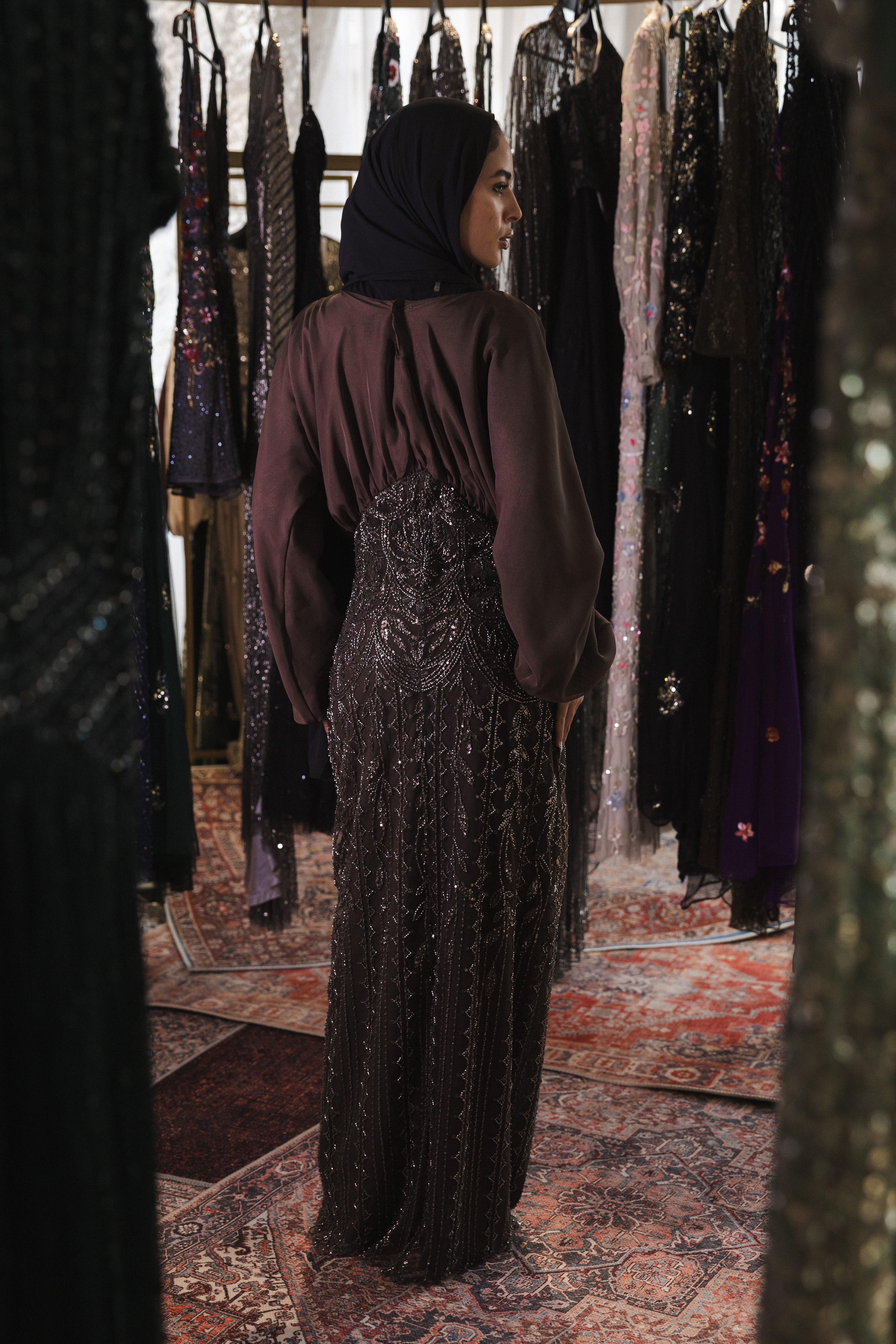 flowy modest beaded dress in brown