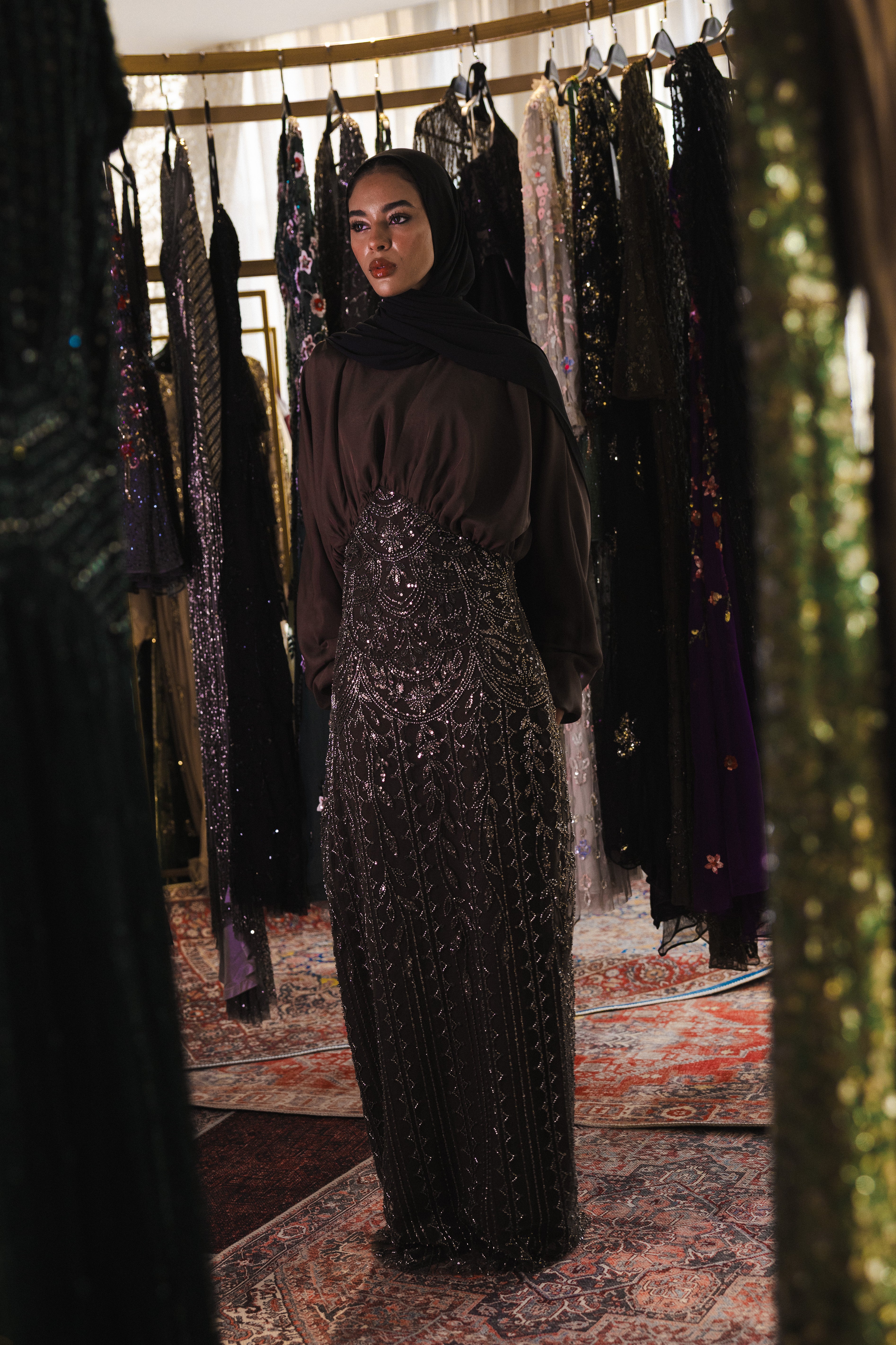 flowy modest beaded dress in brown