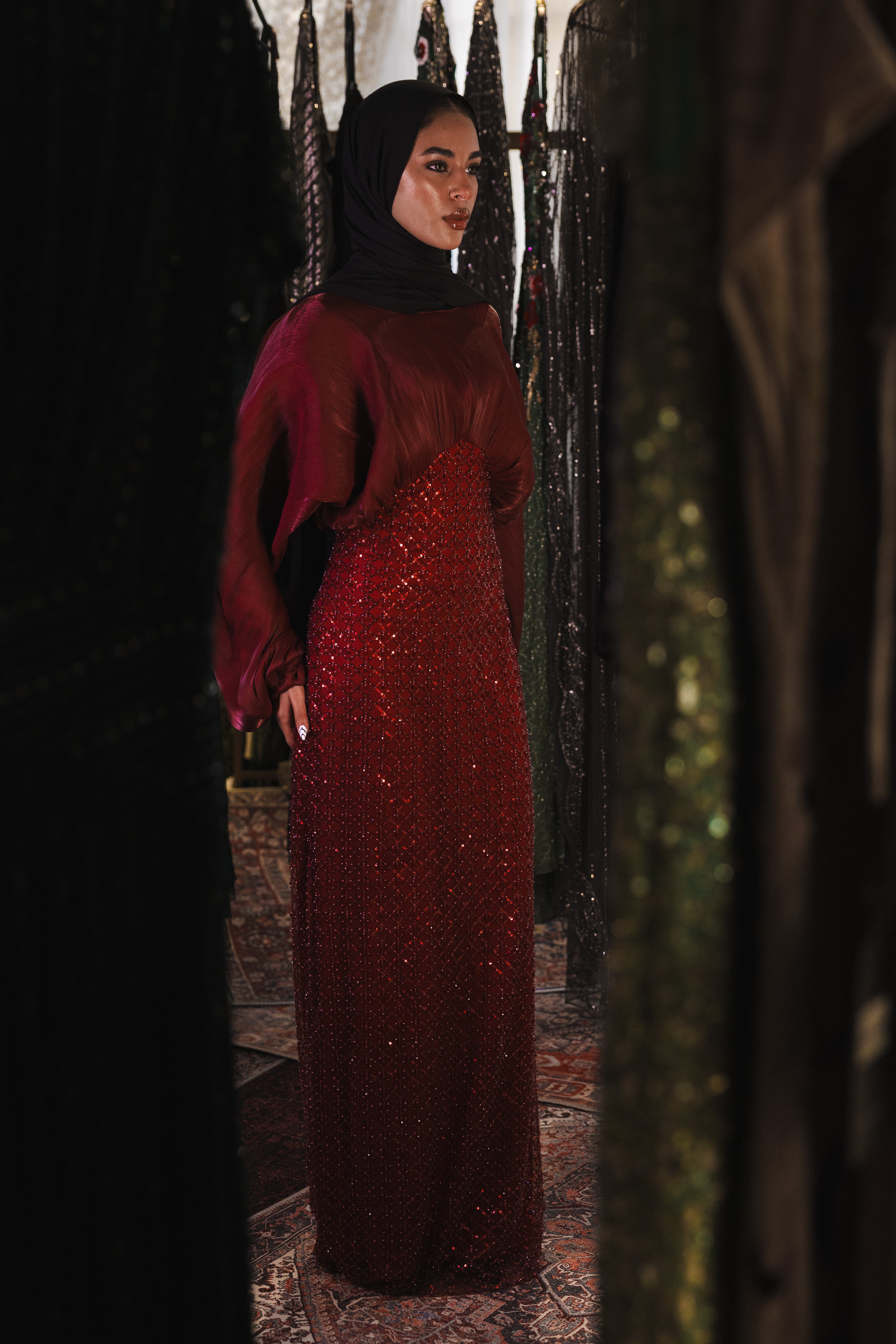 flowy modest beaded dress in burgundy