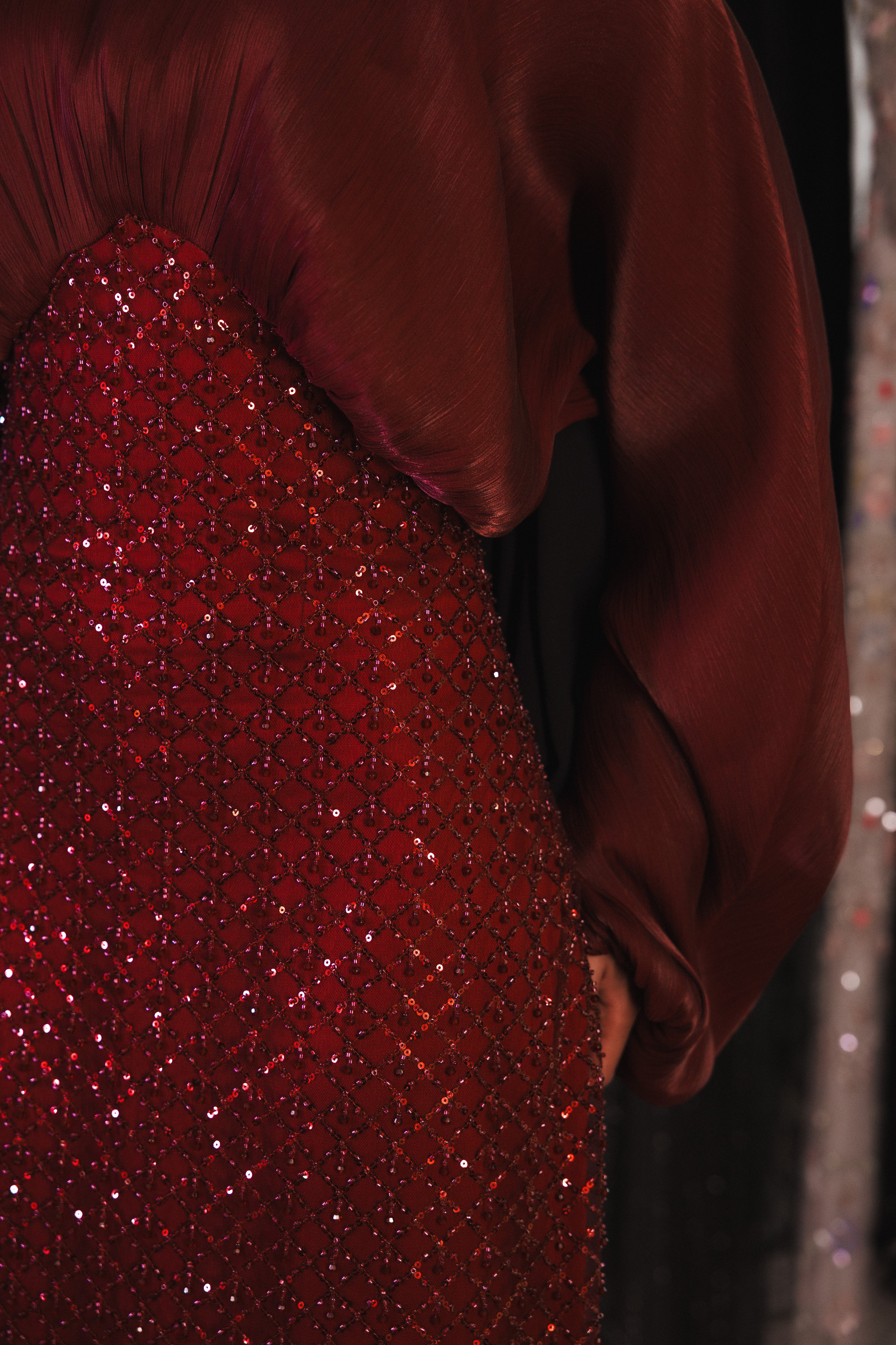 flowy modest beaded dress in burgundy
