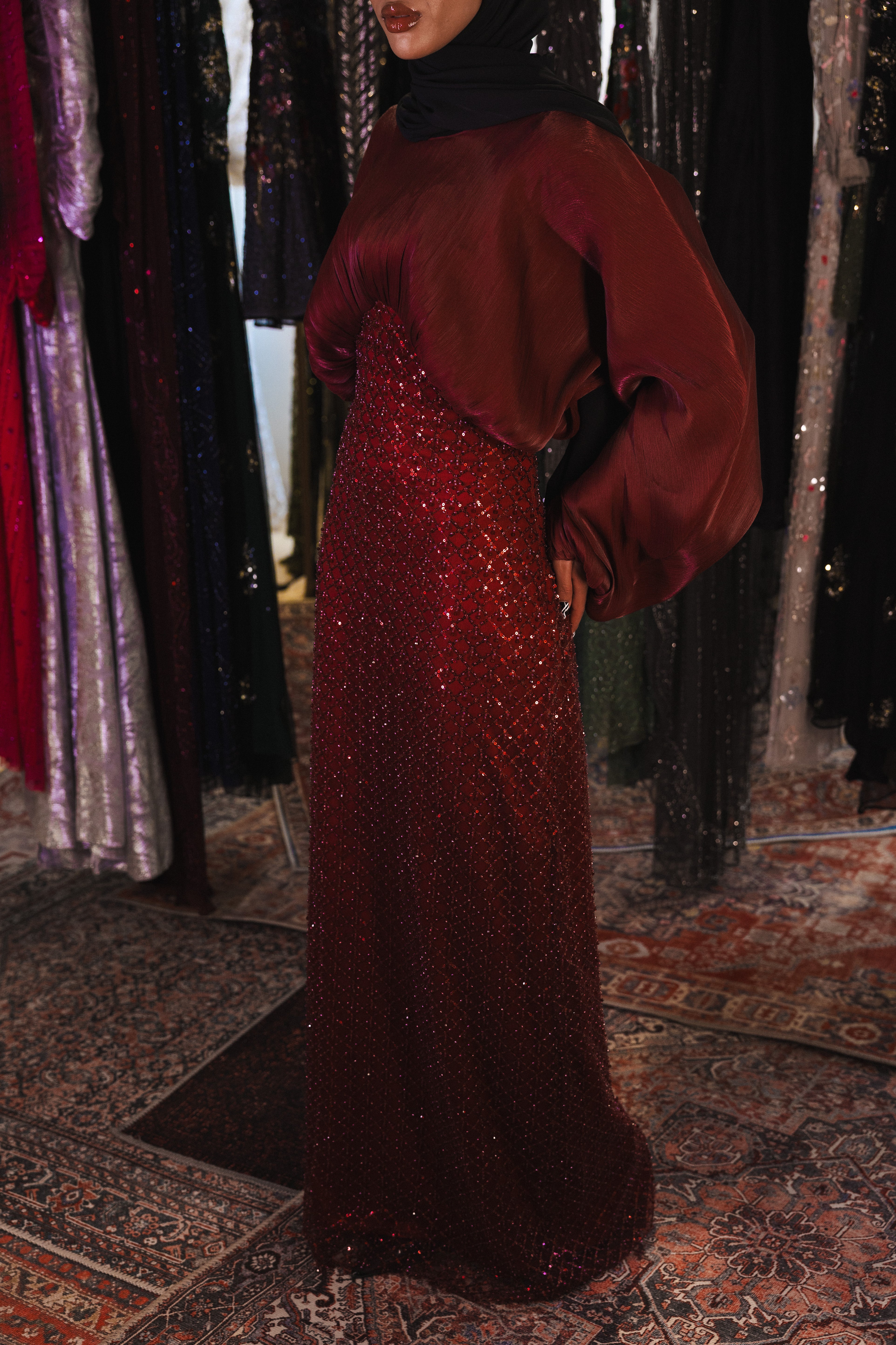 flowy modest beaded dress in burgundy