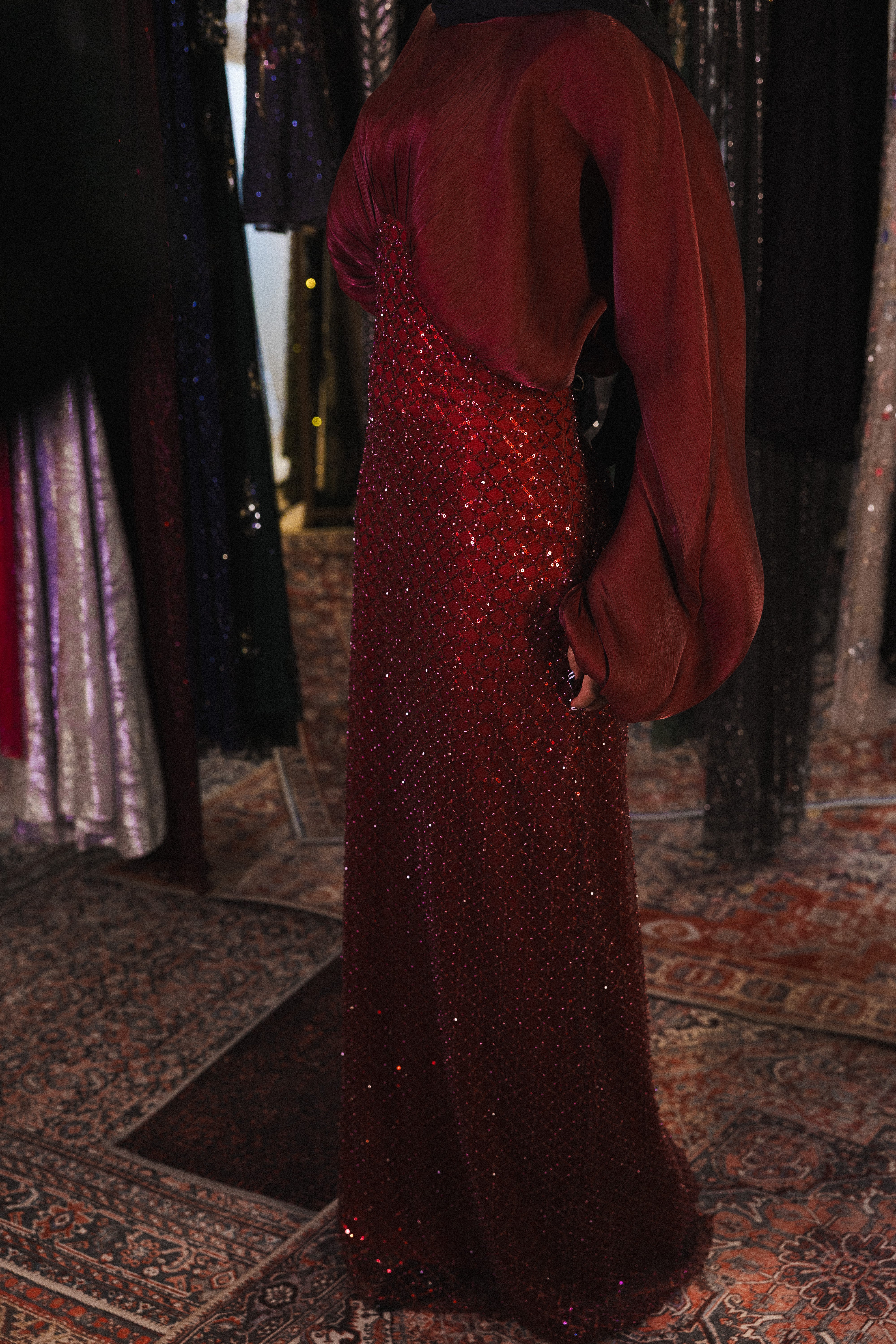 flowy modest beaded dress in burgundy