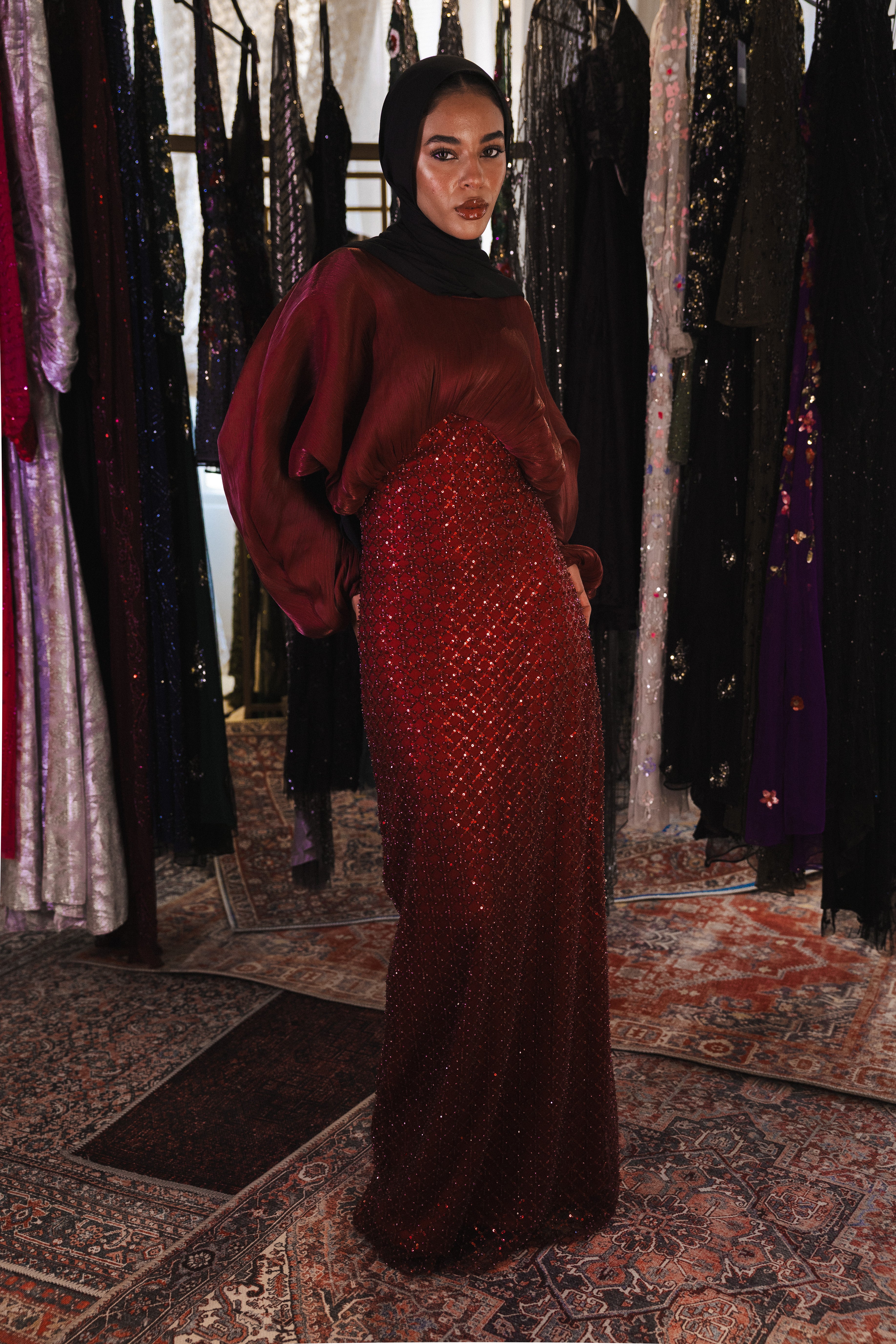 flowy modest beaded dress in burgundy