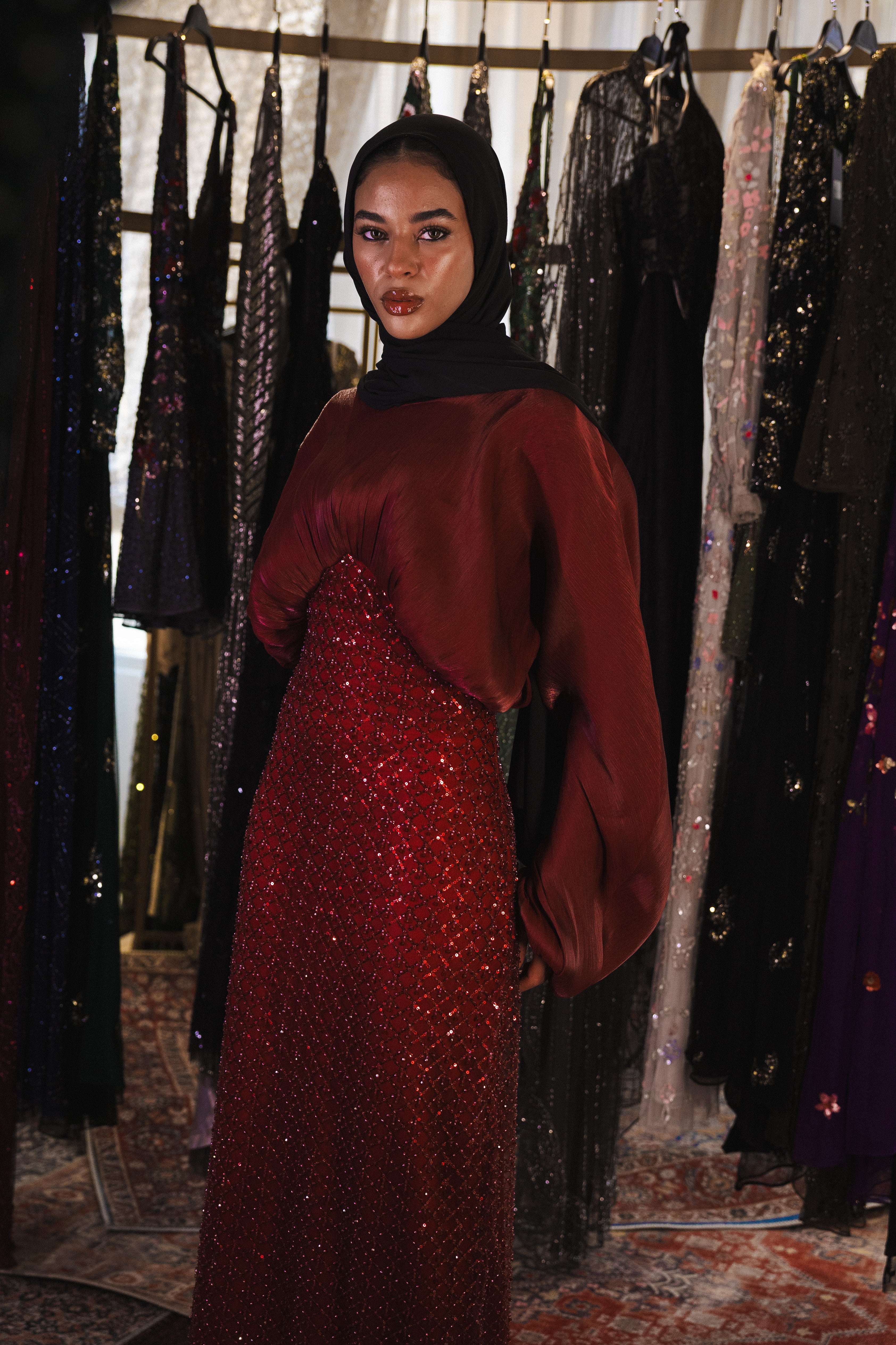 flowy modest beaded dress in burgundy