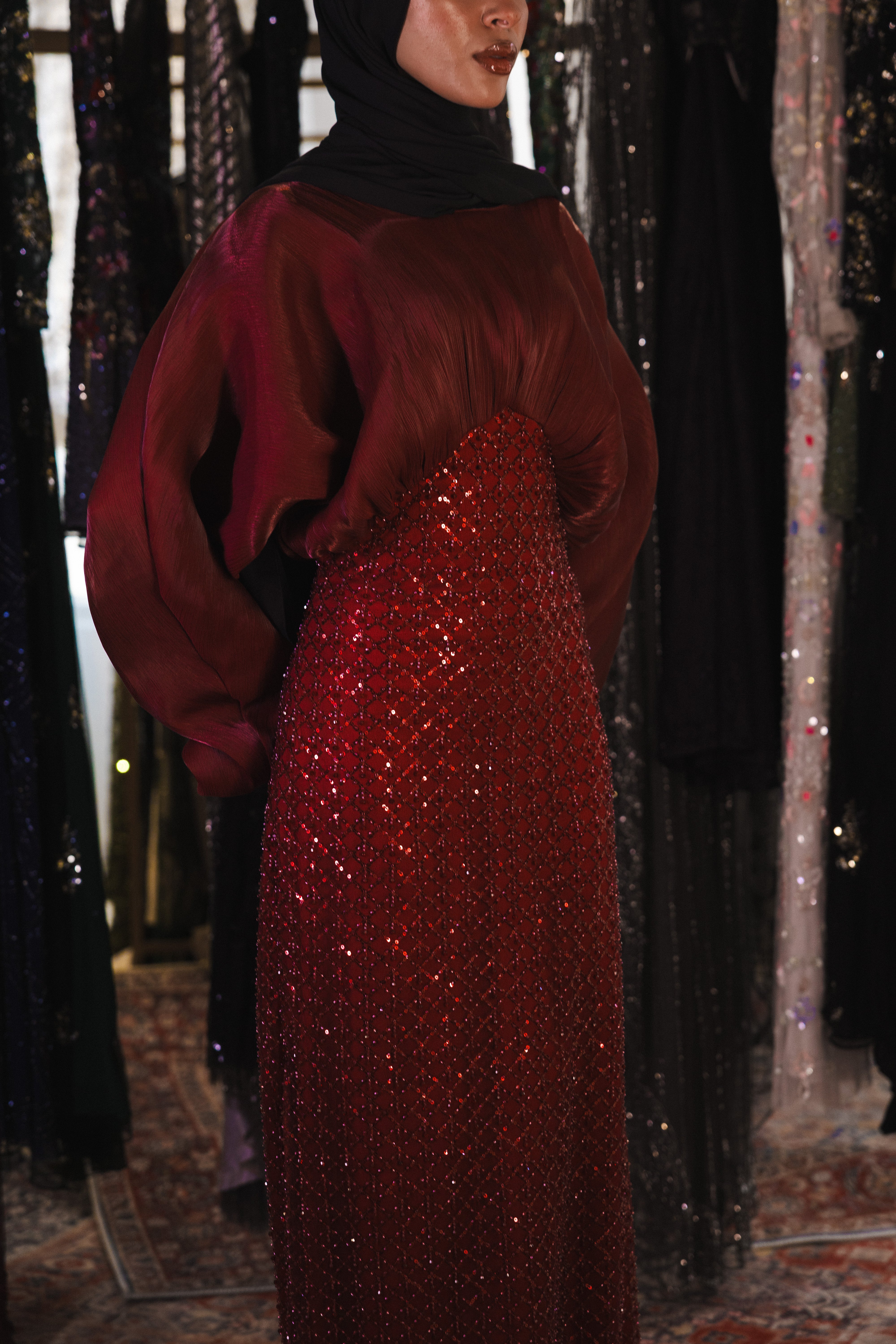 flowy modest beaded dress in burgundy