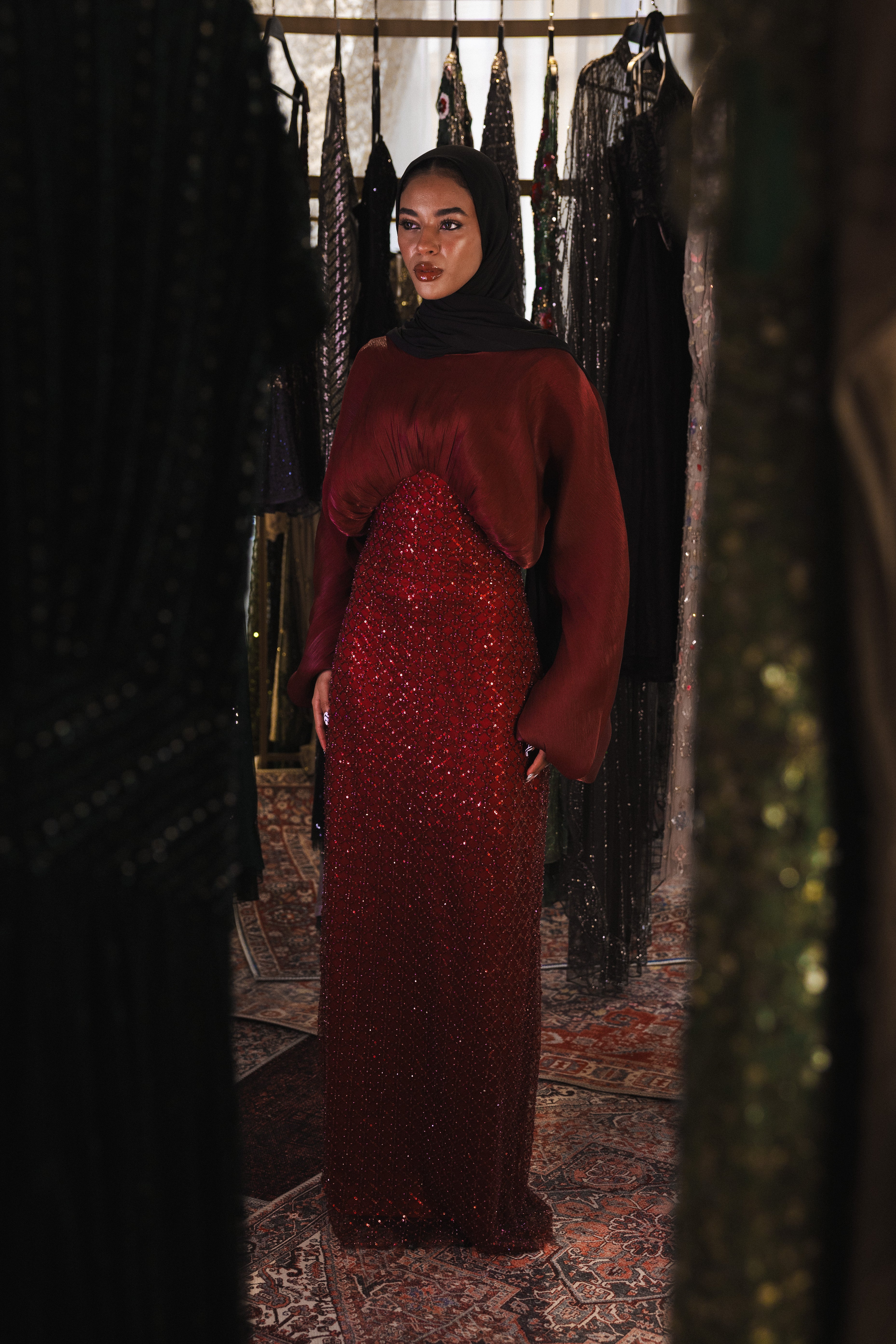 flowy modest beaded dress in burgundy