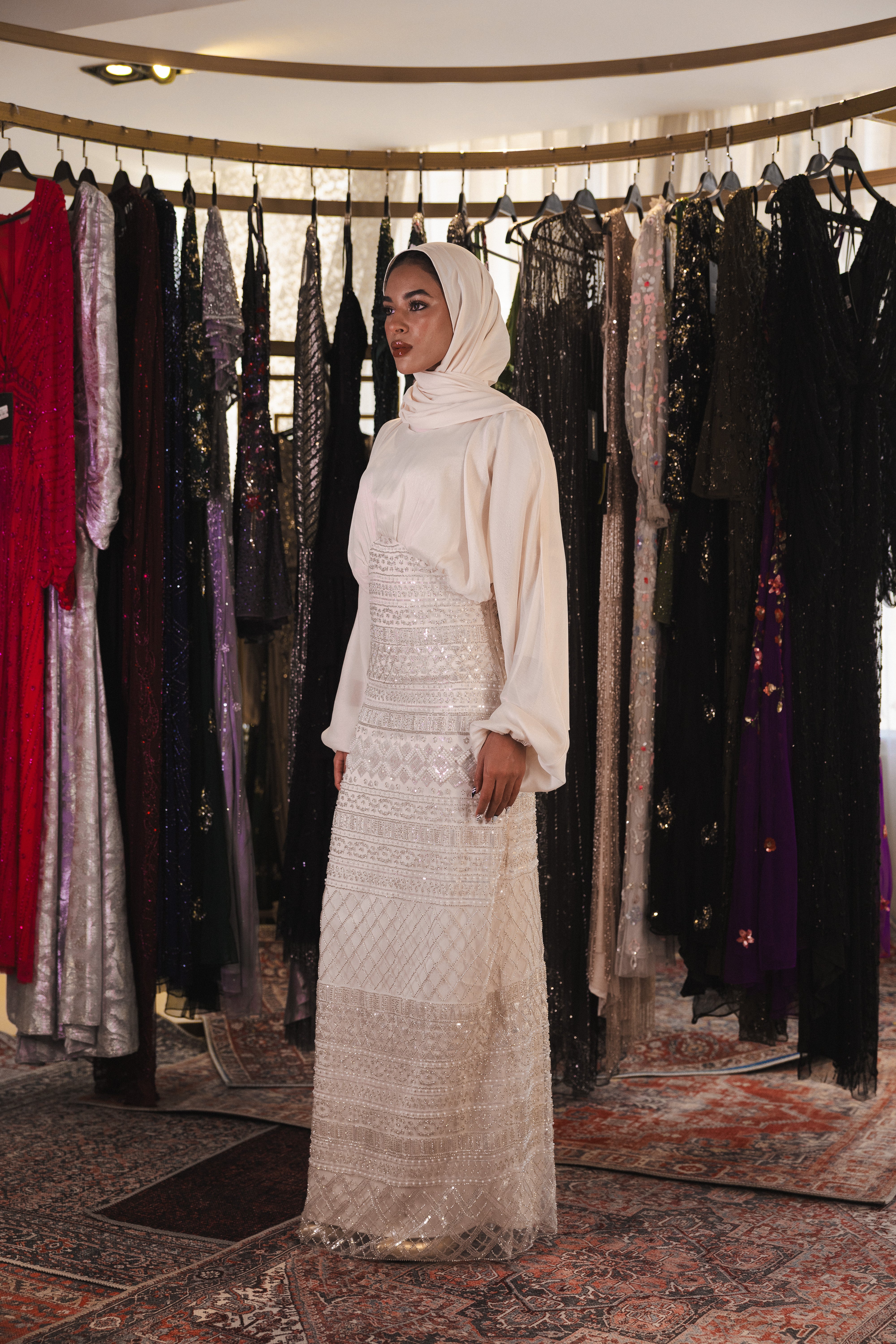 flowy modest beaded dress in white