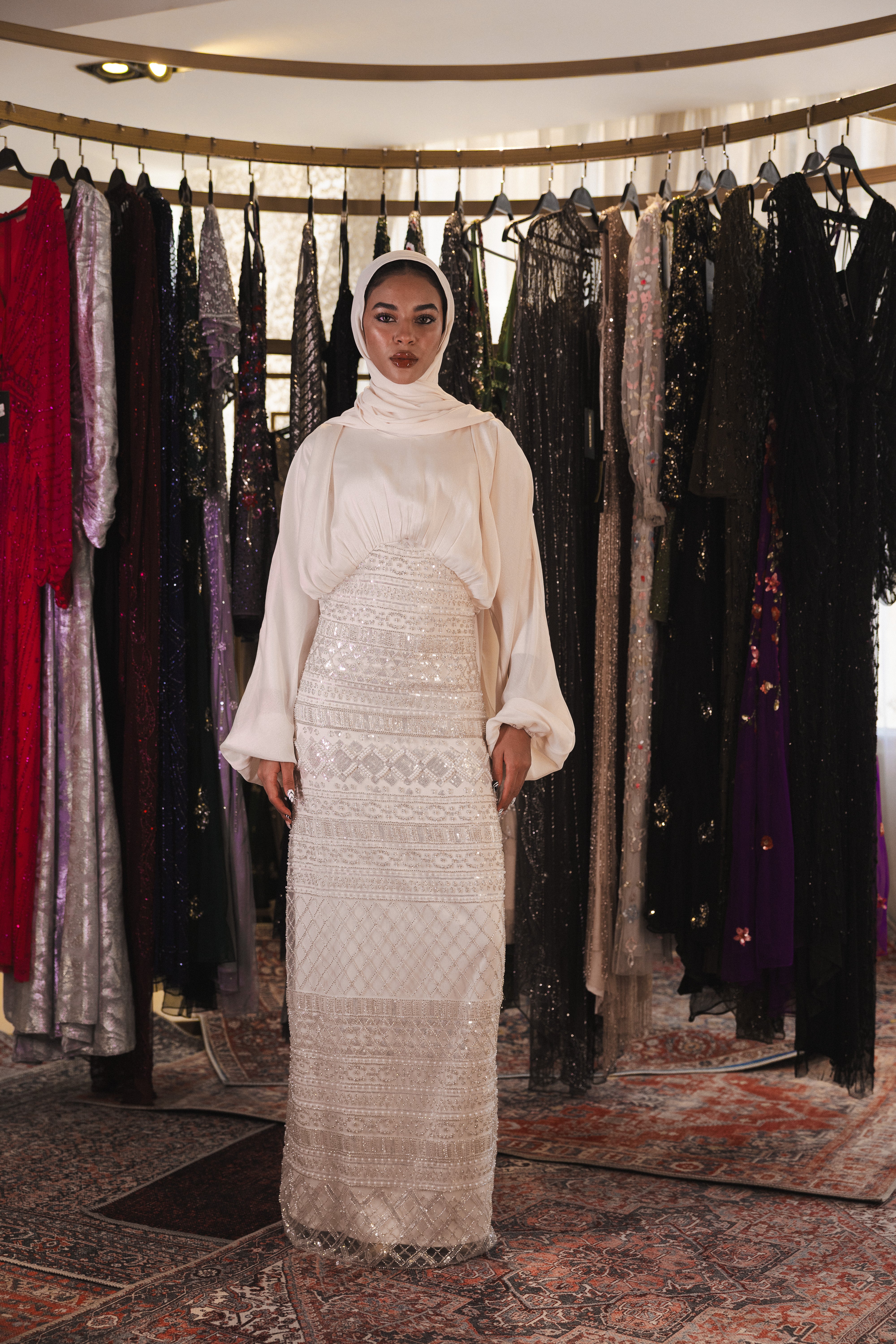 flowy modest beaded dress in white