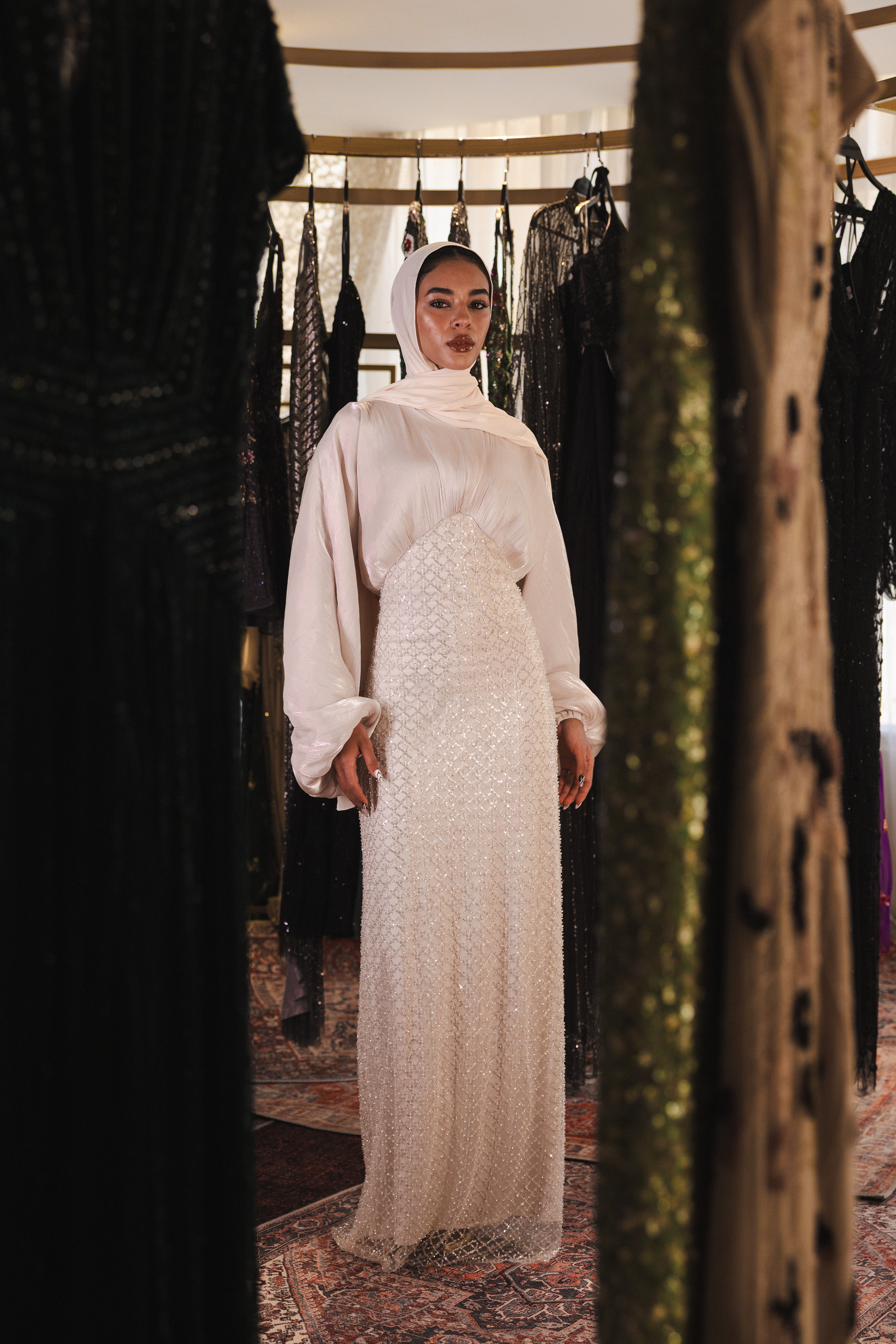 flowy modest beaded dress in beige