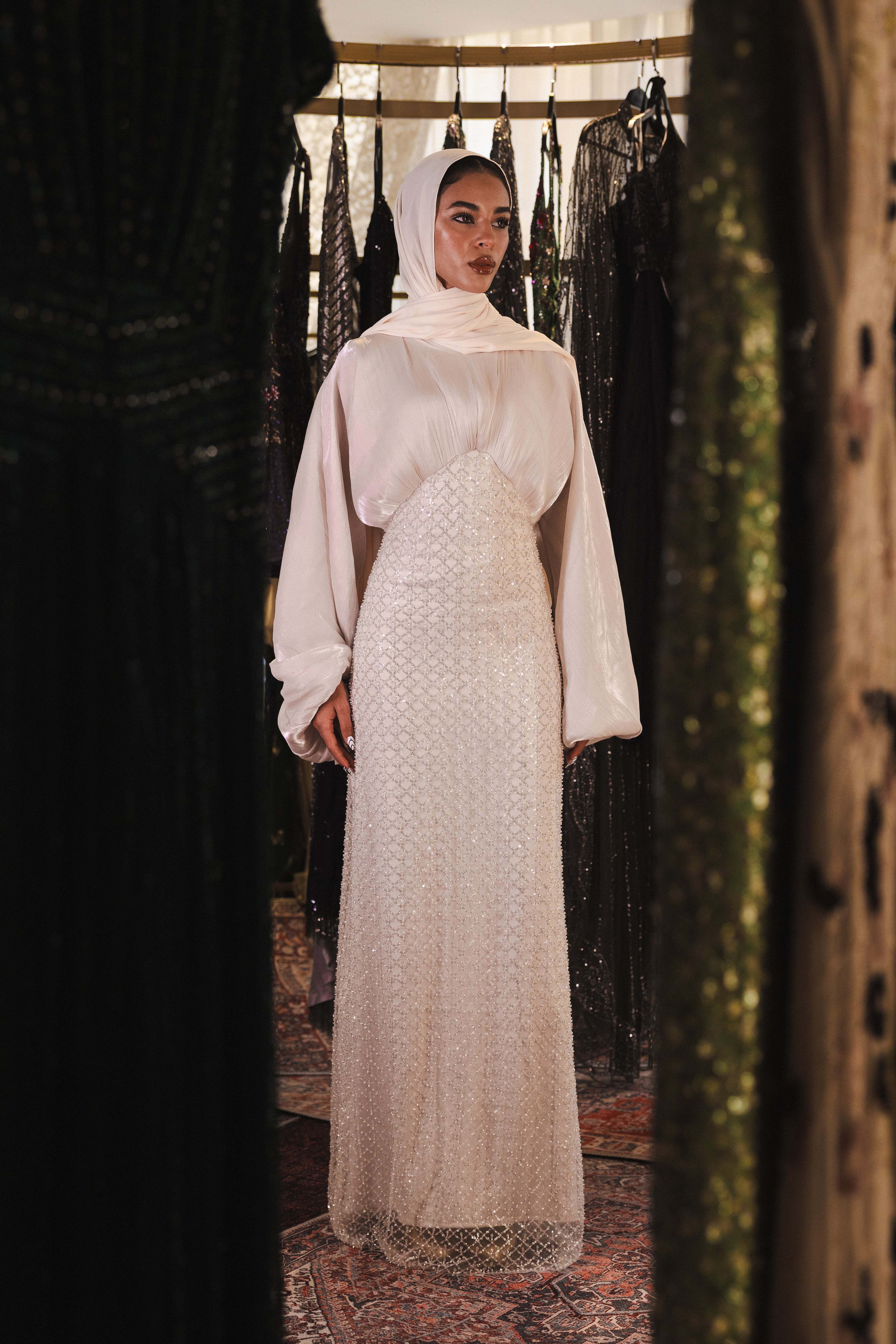 flowy modest beaded dress in beige