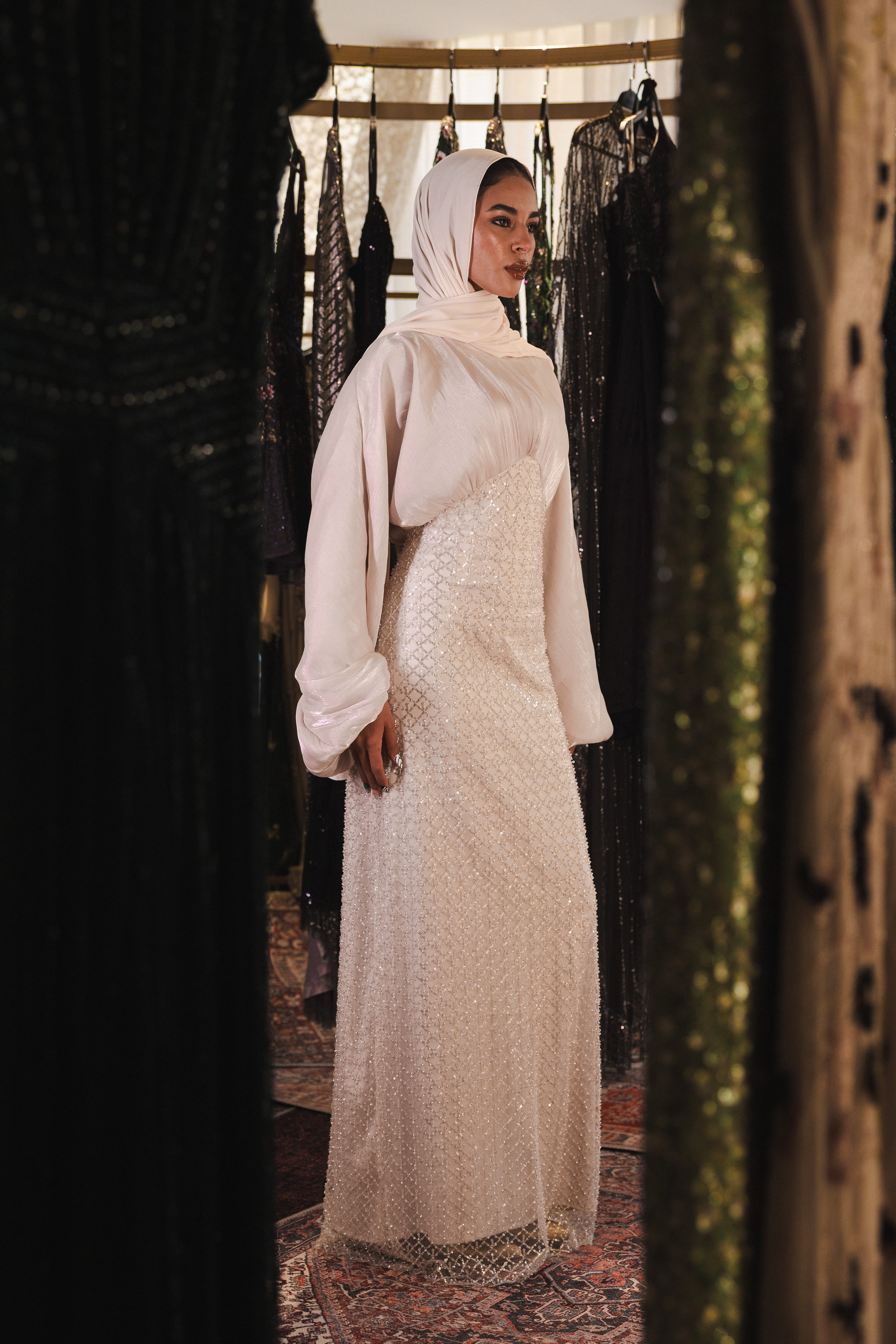 flowy modest beaded dress in beige