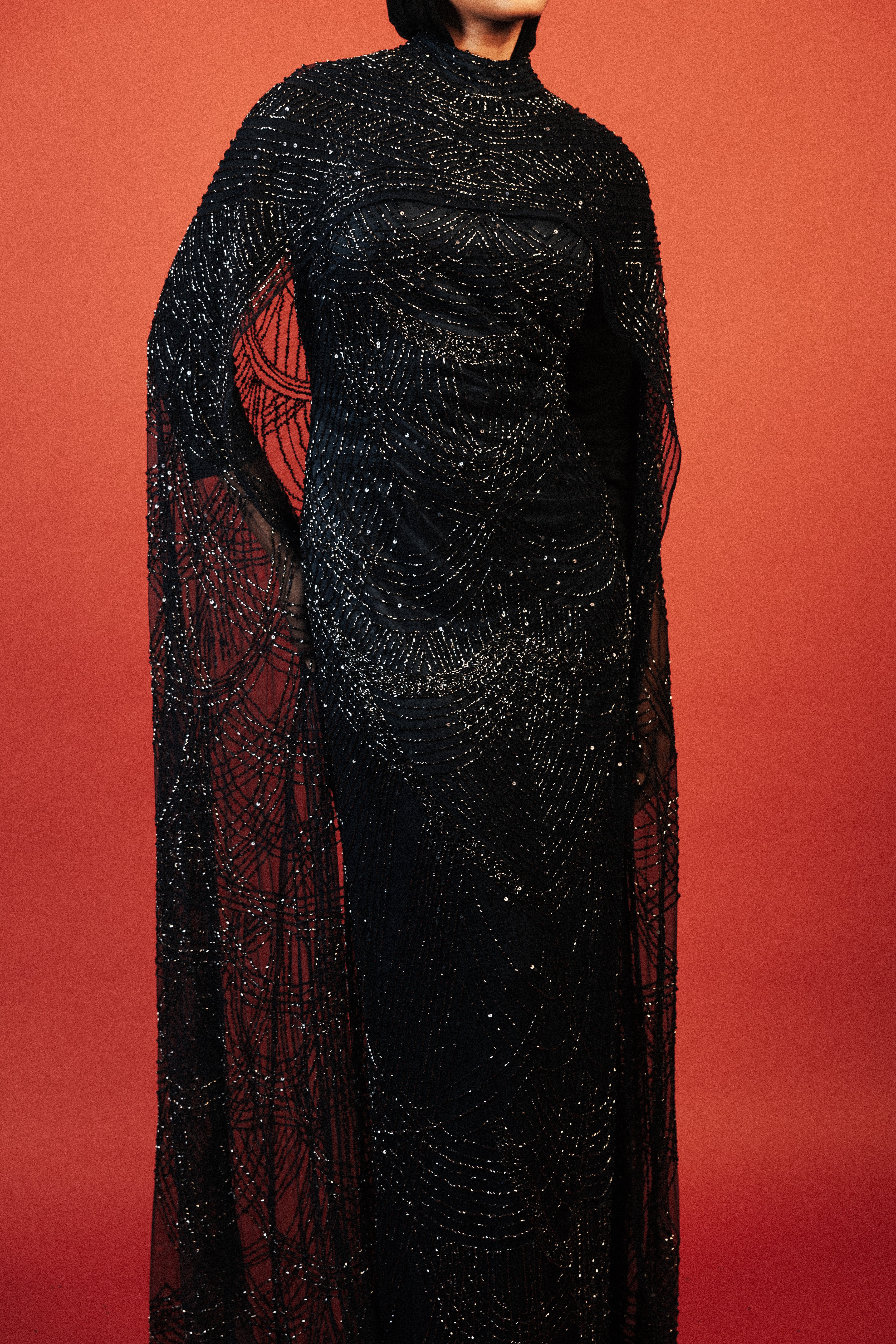 Beaded Long Dress with Cape in NAVY