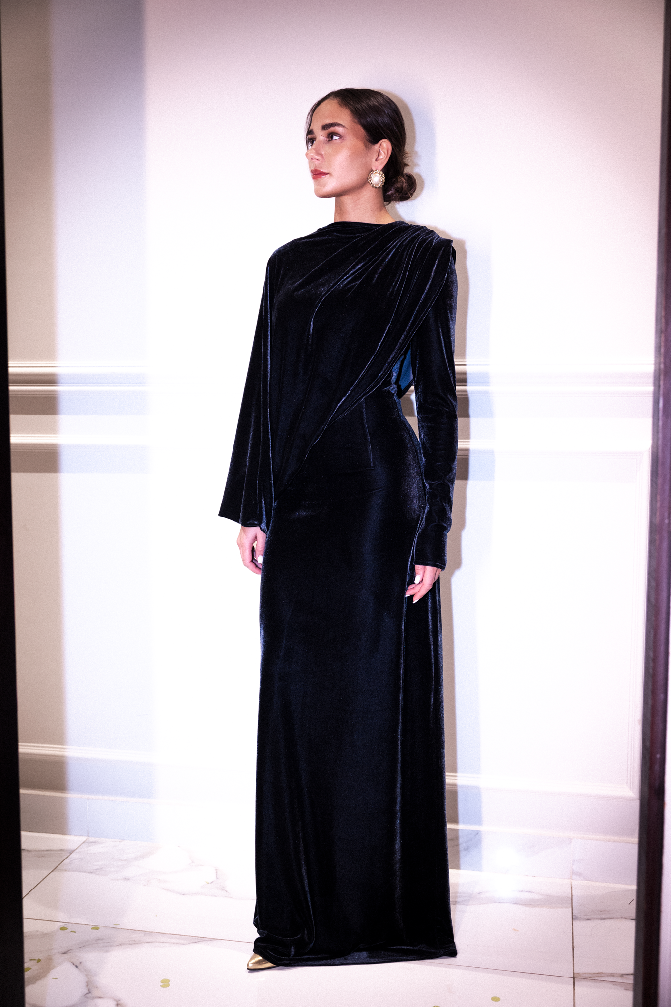 Velvet dress with draped sleeve in deep blue grey